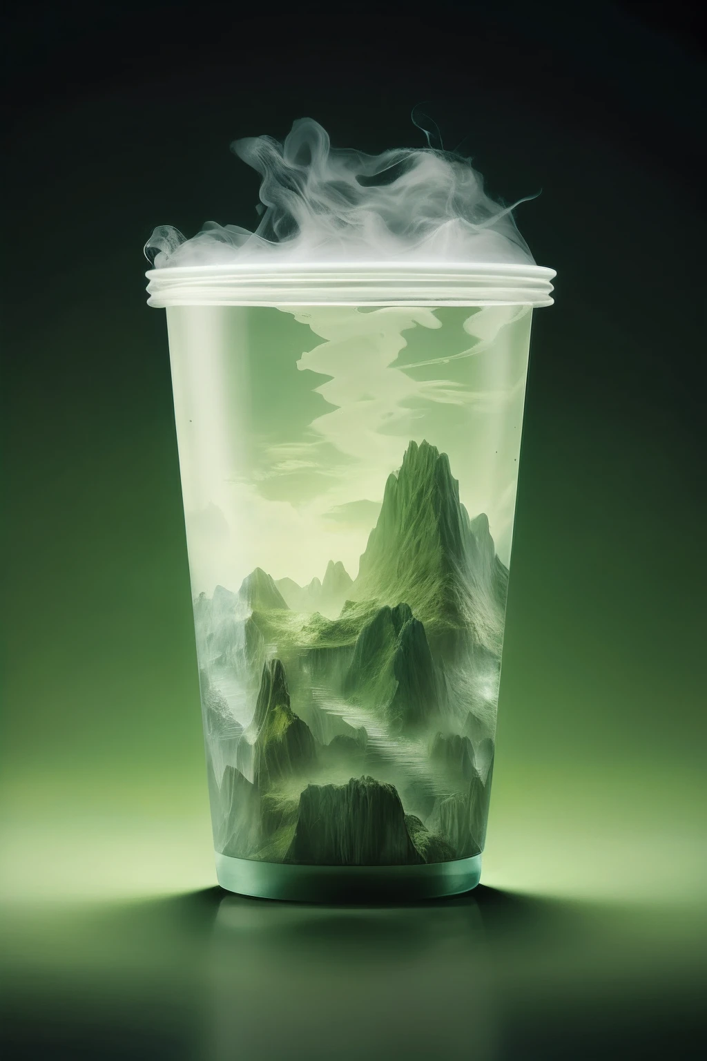 On the table was a glass,There is a mountain inside, surreal water art, surreal object photography, Floating mountains, photoshop water art, Beautiful photorealistic images, environment concept art, Surreal smoke, detailed conceptual photography, amazing photorealistic graphics