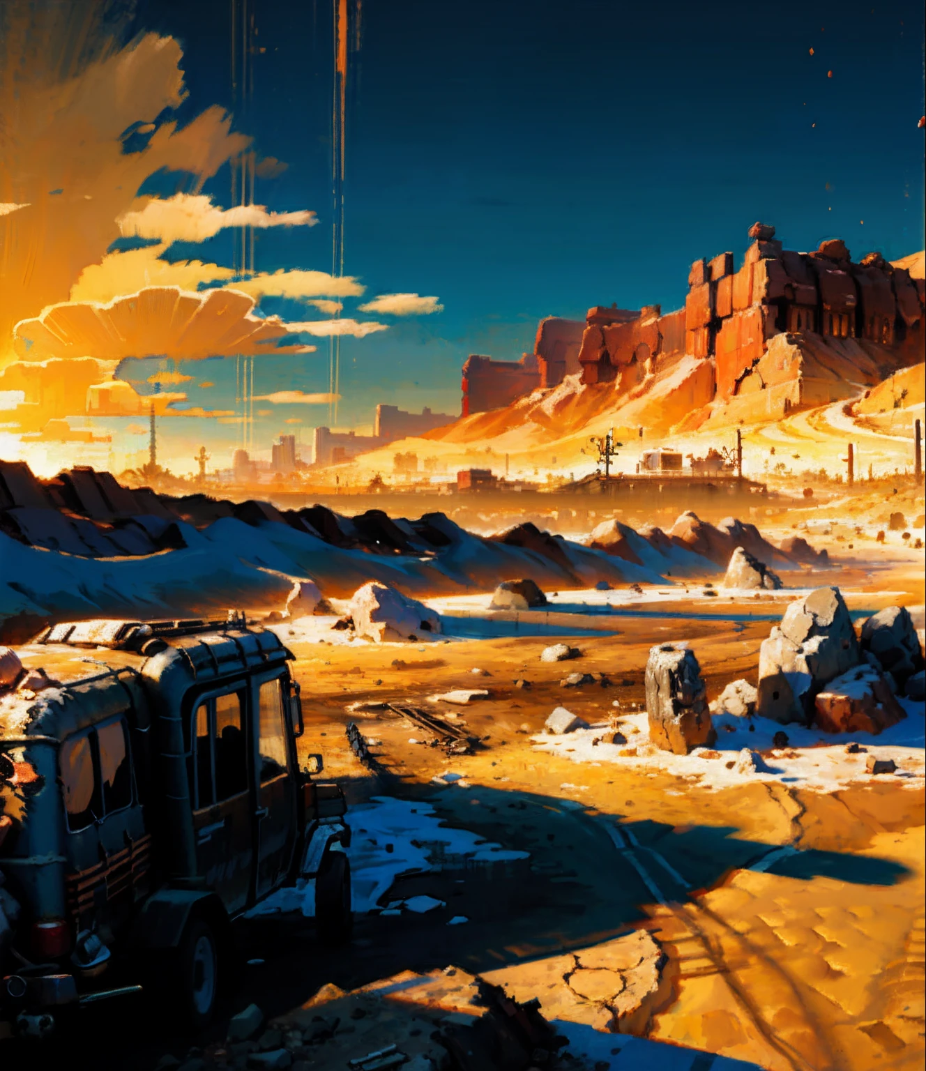 (((Wasteland Landscape , Desert canyons )))The Official Art of Paints, splatter, Orange and red tones, post-apocalypse atmosphere, )Realistic desert sky )
