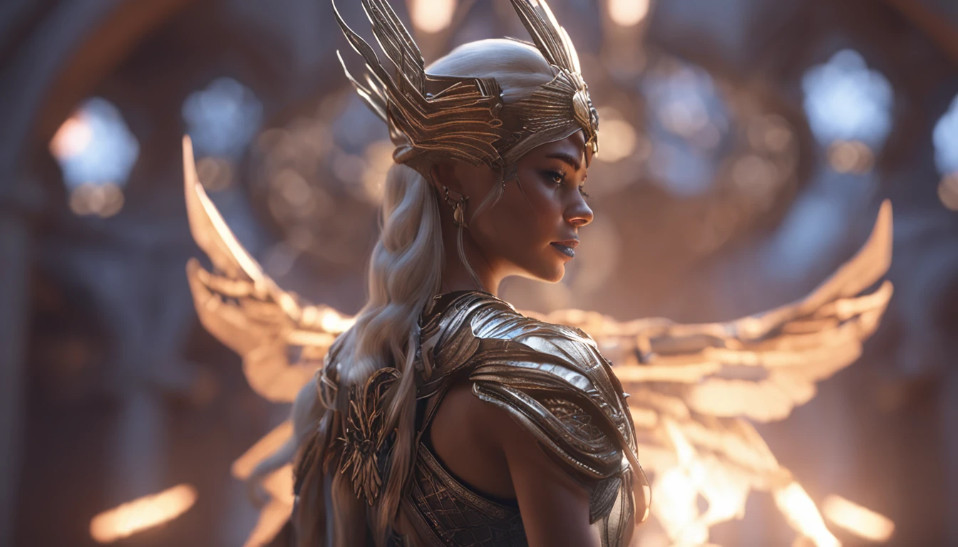 A closeup of a woman,There are wings on the back, as a mystical valkyrie, unreal engine rendered + A goddess, fantasy style 8 k octane render, 4 K detail fantasy, cinematic goddess shot, Unreal Engine fantasy art, beautiful cyborg angel girl, Fantasy art Behance, cinematic goddess close shot, fantasy gorgeous lighting, elegant cinematic fantasy art, cgsociety 8 k ,Dark style,the night