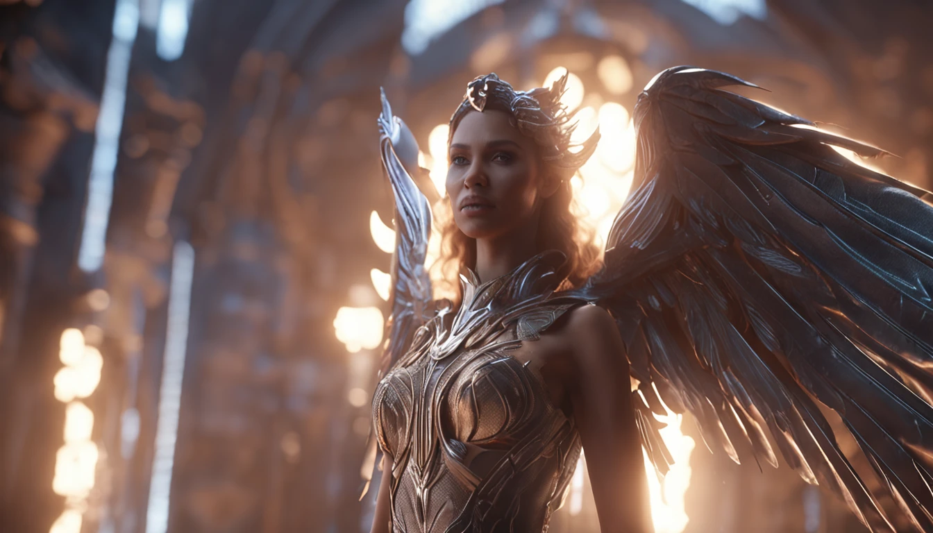 A closeup of a woman，There are wings on the back, as a mystical valkyrie, unreal engine rendered + A goddess, fantasy style 8 k octane render, 4 K detail fantasy, cinematic goddess shot, Unreal Engine fantasy art, beautiful cyborg angel girl, Fantasy art Behance, cinematic goddess close shot, fantasy gorgeous lighting, elegant cinematic fantasy art, cgsociety 8 k ，Dark style，the night