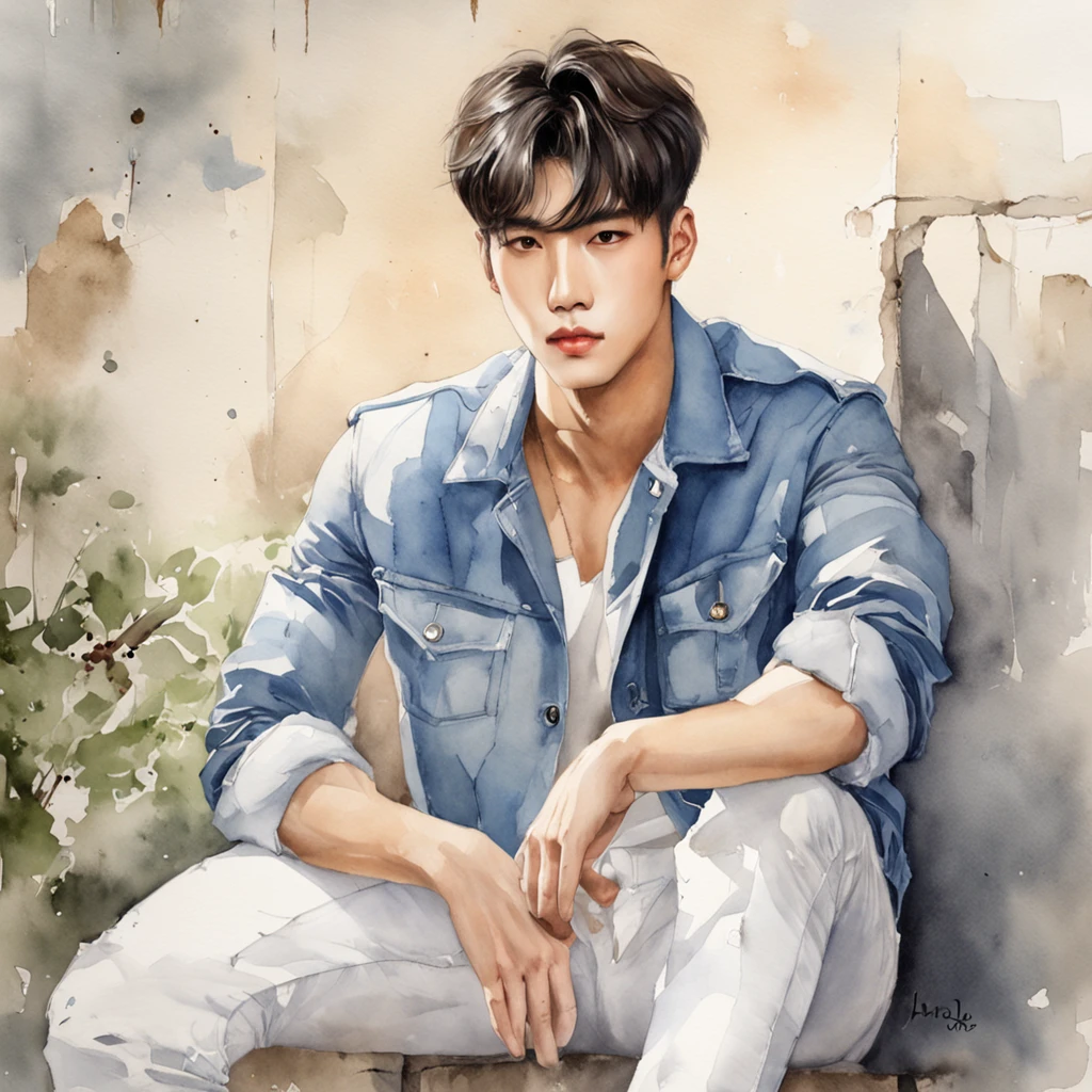 Alafed male model in white jeans and denim jacket leaning against wall, Korean Male, Jinyoung Shin, korean muscle boy 2 1 , model with attractive body, Cai Xukun's, taejune kim, male model, siwoo kim, inspired by Joong Keun Lee, Hyuntae, inspired by jeonseok lee, sun-hyuk kim, with abs
