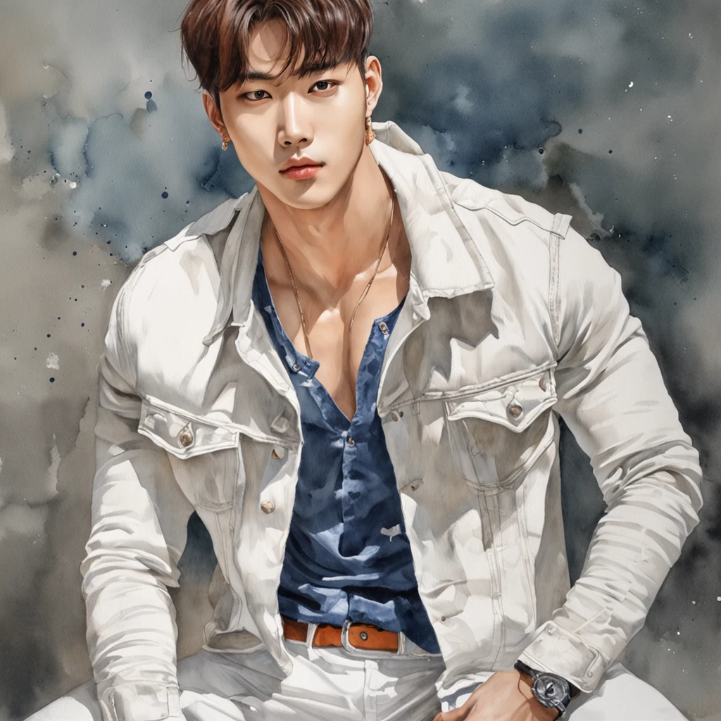 Alafed male model in white jeans and denim jacket leaning against wall, Korean Male, Jinyoung Shin, korean muscle boy 2 1 years old, model with attractive body, Cai Xukun's, taejune kim, male model, siwoo kim, inspired by Joong Keun Lee, Hyuntae, inspired by jeonseok lee, sun-hyuk kim, with abs