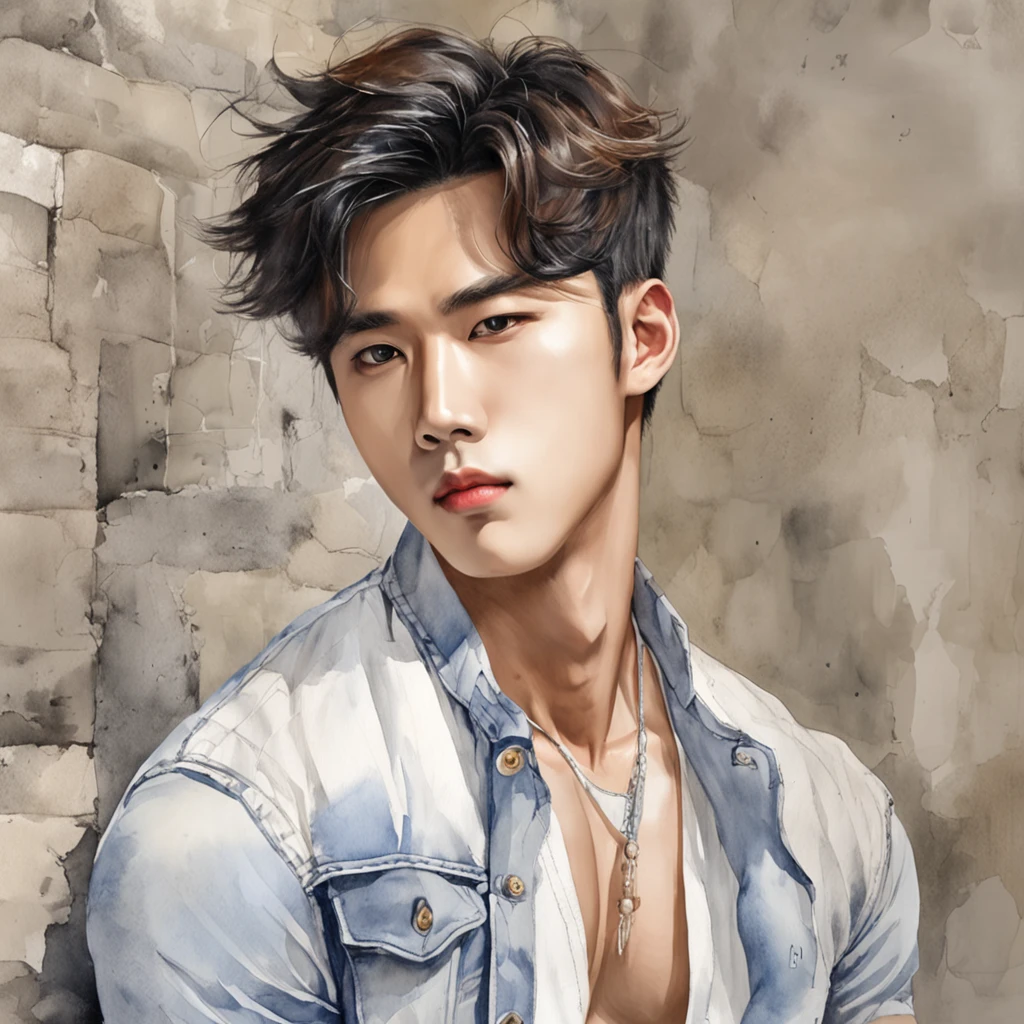 Alafed male model in white jeans and denim jacket leaning against wall, Korean Male, Jinyoung Shin, korean muscle boy 2 1 , model with attractive body, Cai Xukun's, taejune kim, male model, siwoo kim, inspired by Joong Keun Lee, Hyuntae, inspired by jeonseok lee, sun-hyuk kim, with abs