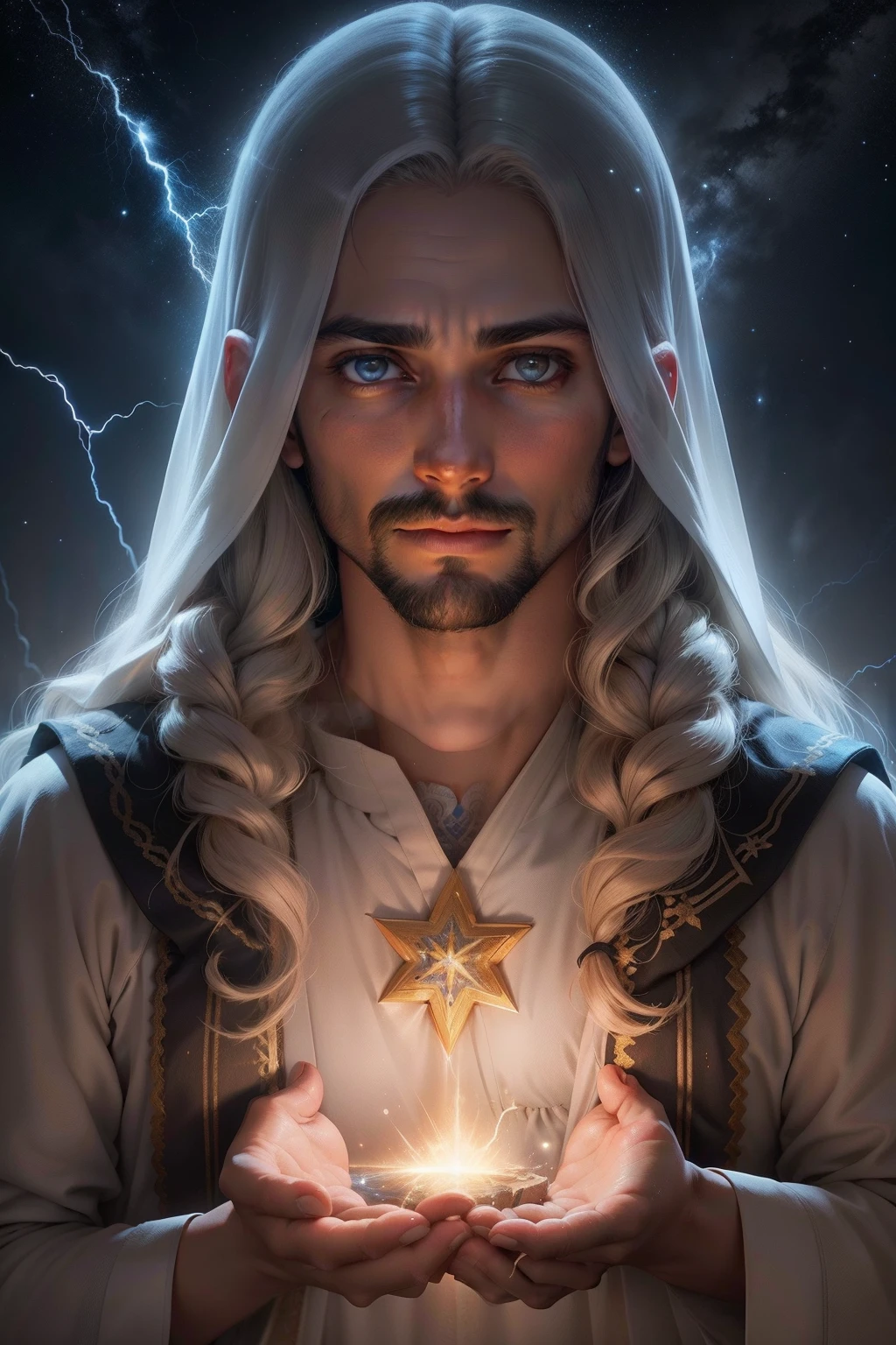 Male-gender Jesus of Nazareth in a flat, realistic portrait with stunning 8K resolution. La lluvia cae con fuerza a su alrededor, illuminated by flashes of lightning piercing the dark sky. En sus brazos, sostiene con ternura a una oveja de color blanco. El fondo es celestial, full of bright stars and a sense of deep spiritual connection. En su mirada, se reflejan el amor, la templanza, Forgiveness, la divinidad y la omnipresencia. The image radiates a sense of peace and spirituality that transcends the earthly..,