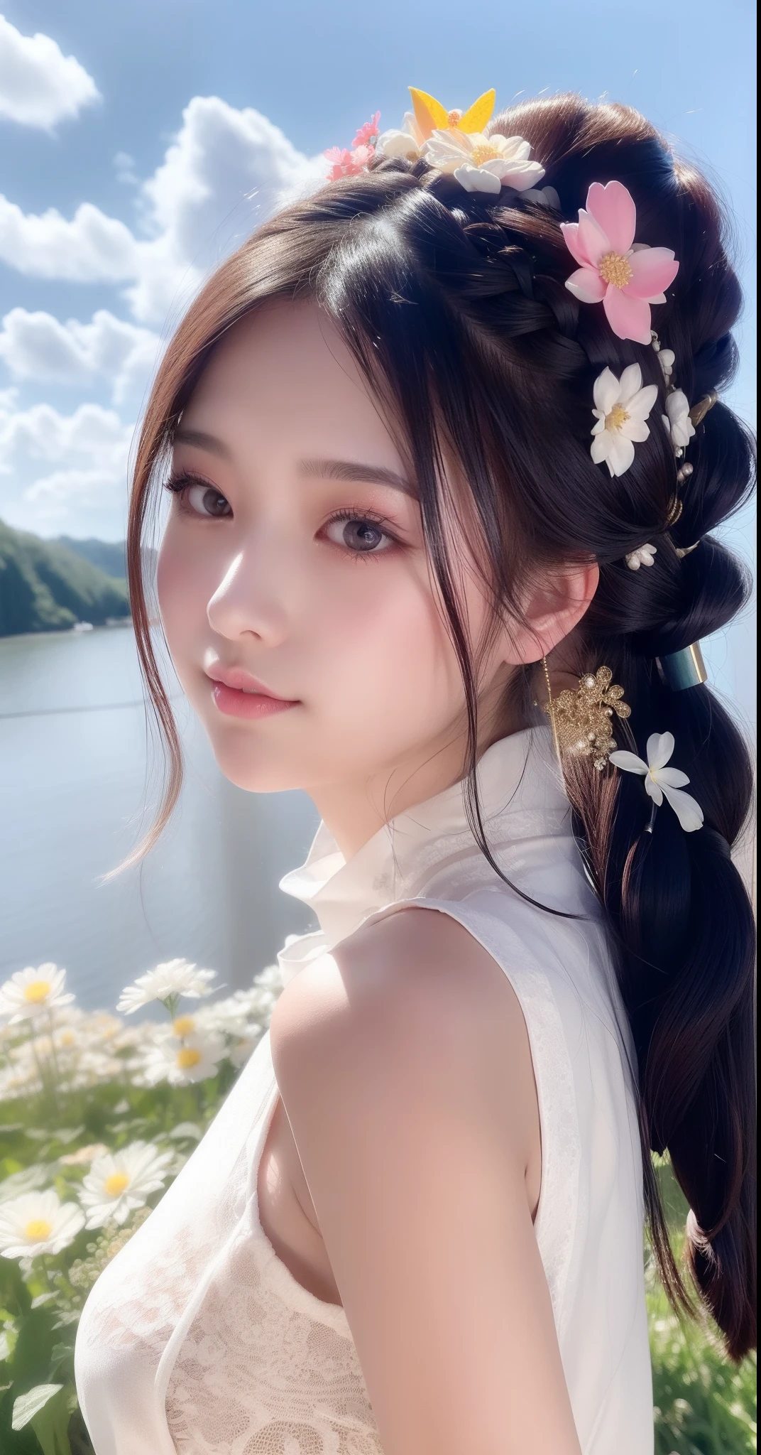 a close up of a woman with a flower in her hair, braid hairstyle, Chinese girl, white hime cut hairstyle, ulzzangs, beautiful Korean women, Chinese style, popular korean makeup, Korean girl, Middle metaverse, White Hanfu, xintong chen, cute beautiful, beautiful aesthetic face, Beautiful Asian girl, cute delicate face