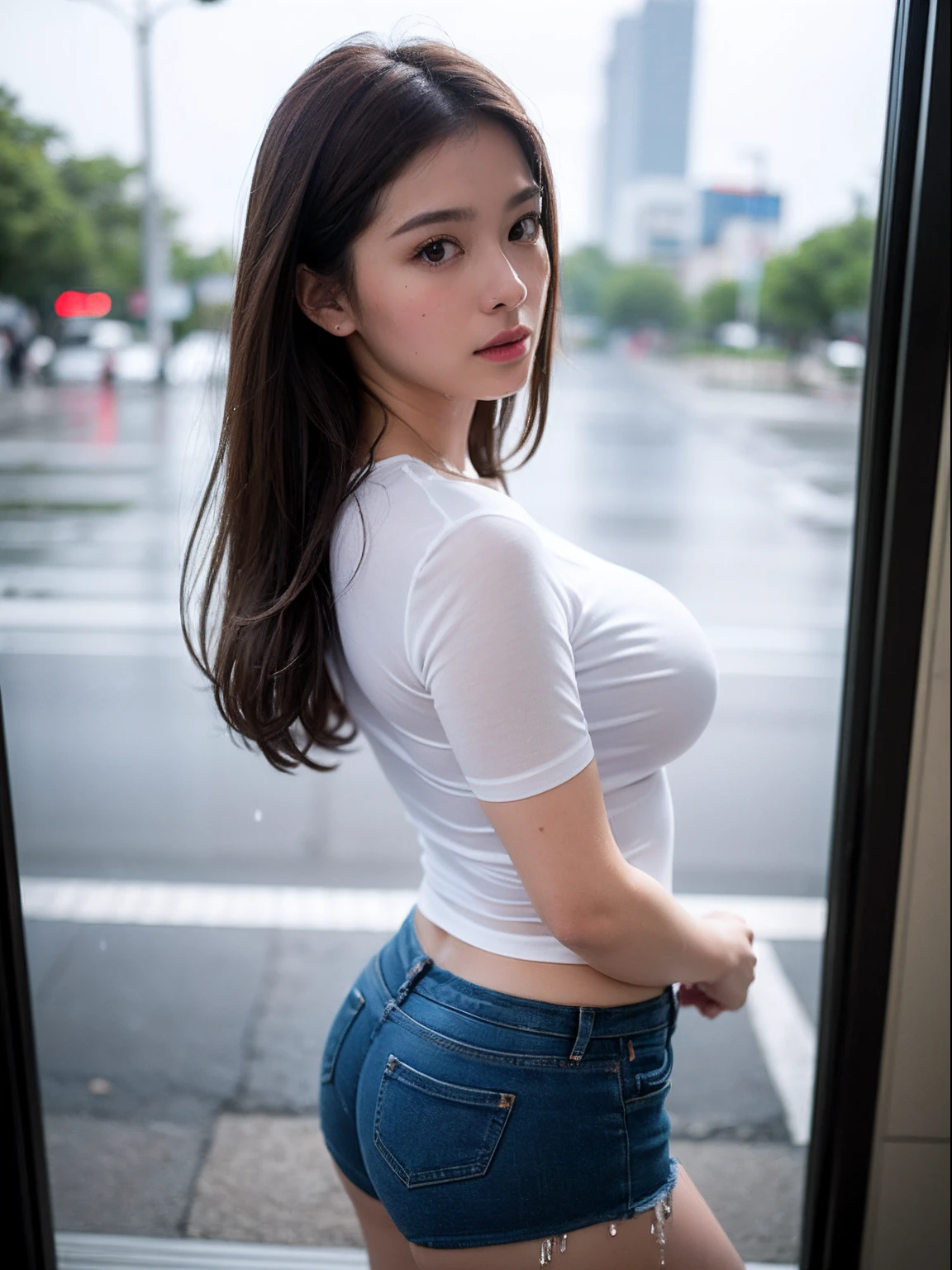 (8k, RAW photo, best quality, masterpiece: 1.2), (realistic, photorealistic: 1.37), 1girl, beautiful girl from Thailand, rain, Bangkok cityscape, street, natural light, photon mapping, radiosity, detailed face, detailed lips, detailed eyes, more skin, double eyelids, dark brown hair, (huge breasts: 1.5), (tight shirt, rain-soaked shirt), (shorts), ( Nipple shape is clearly visible), perfect body, (wet body: 1.5), sexy pose, sexy expression, dynamic pose, make eye contact with the camera