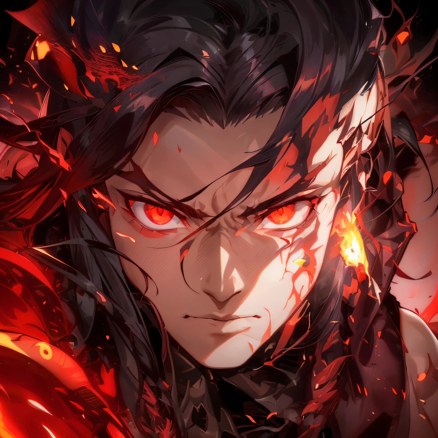 a close up of a person with red eyes, trending on Artstation, auto-destructive art, fate/zero, wreathed in flame, epic full color illustration, badass anime 8 k, anime tribal boy with long hair, dark pit, in yoji shinkawa's art style, nezuko, face of an armored villian, avatar image