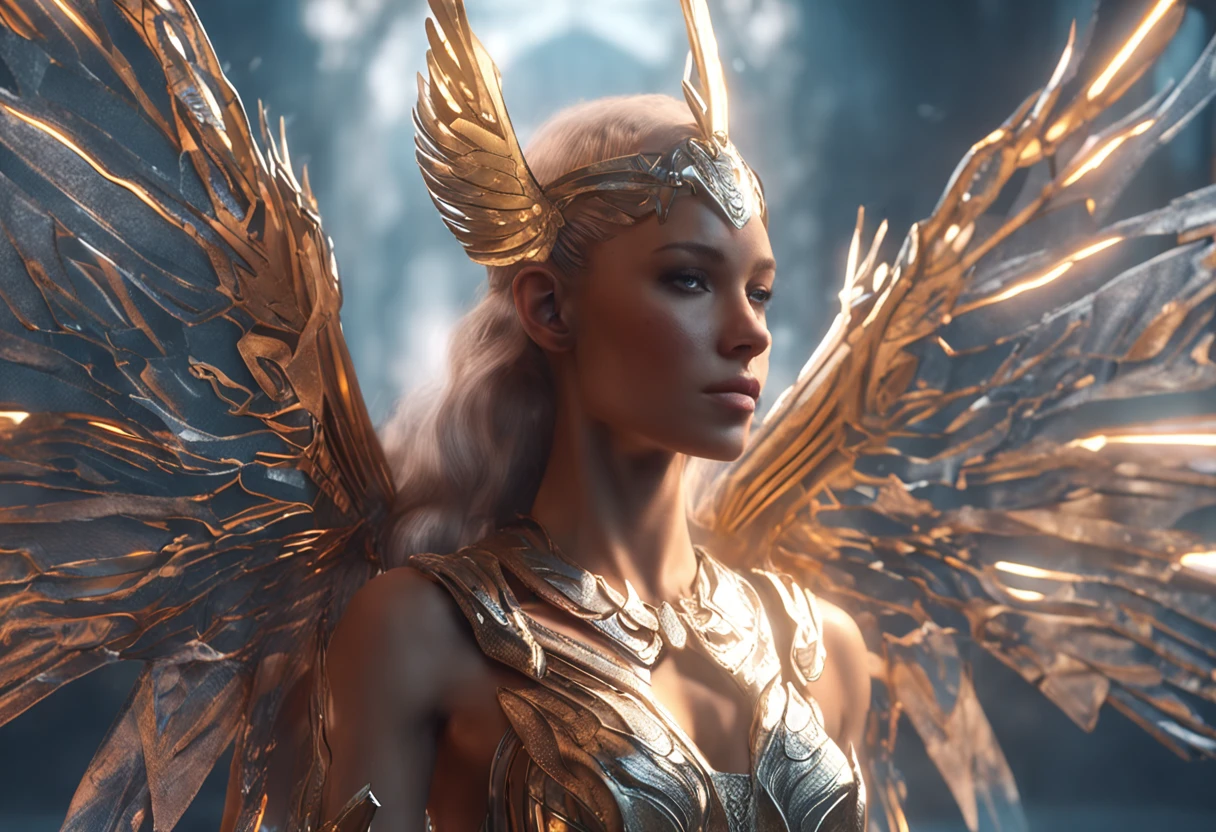 A closeup of a woman，There are wings on the back, as a mystical valkyrie, unreal engine rendered + A goddess, fantasy style 8 k octane render, 4 K detail fantasy, cinematic goddess shot, Unreal Engine fantasy art, beautiful cyborg angel girl, Fantasy art Behance, cinematic goddess close shot, fantasy gorgeous lighting, elegant cinematic fantasy art, cgsociety 8 k