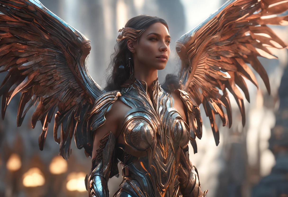 A closeup of a woman,There are wings on the back, as a mystical valkyrie, unreal engine rendered + A goddess, fantasy style 8 k octane render, 4 K detail fantasy, cinematic goddess shot, Unreal Engine fantasy art, beautiful cyborg angel girl, Fantasy art Behance, cinematic goddess close shot, fantasy gorgeous lighting, elegant cinematic fantasy art, cgsociety 8 k