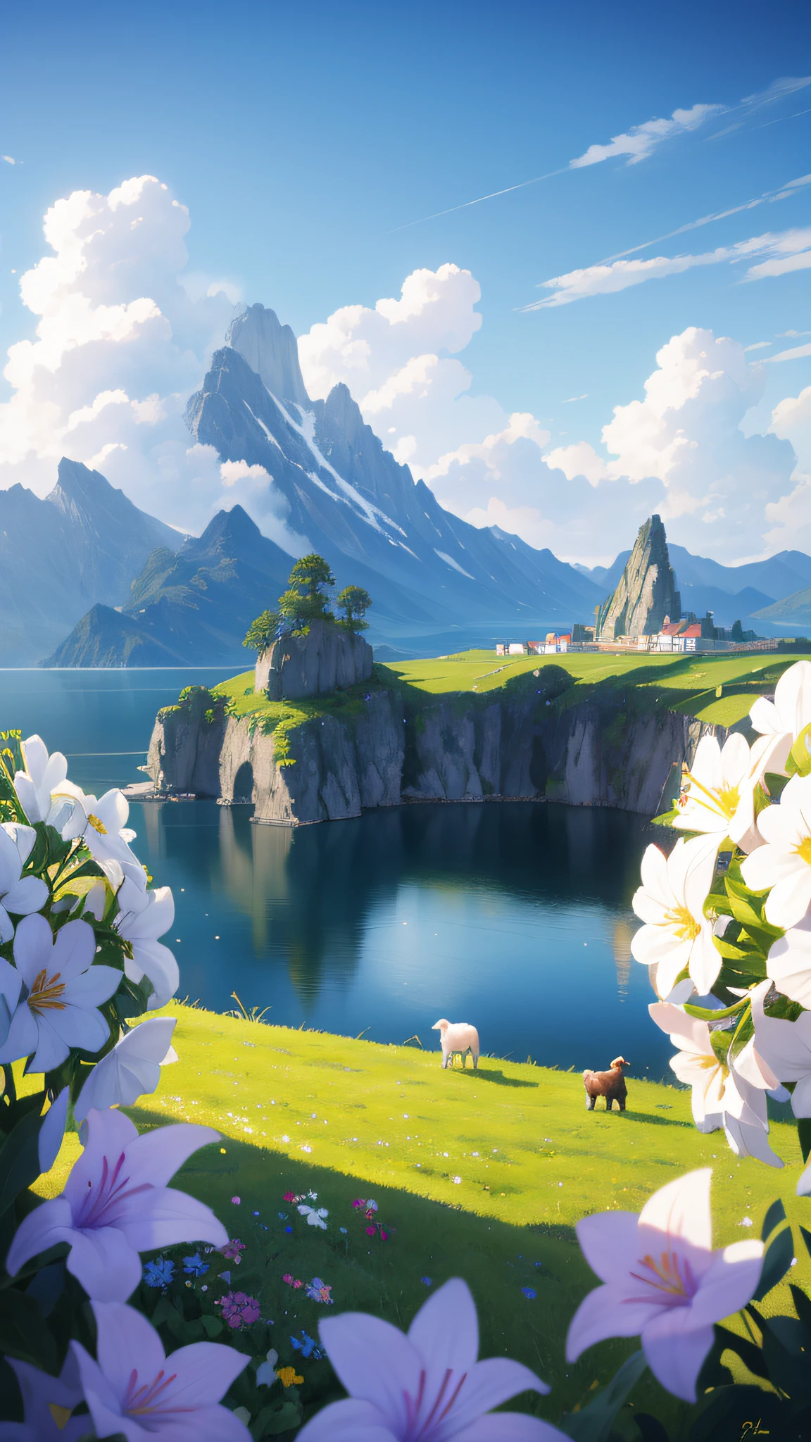 夏天,grassy fields,A few small flowers,clear lakes,sheeps,a paradise,Large clouds,blue-sky,scorching weather,high definition detail,Hyper-detailing,cinematic ligh,ultra-realistic realism,the soft light,Pure scenery,Deep field focus bokeh,The vista in the distance is snow-capped mountains,Ray tracing and surrealism。 --v6