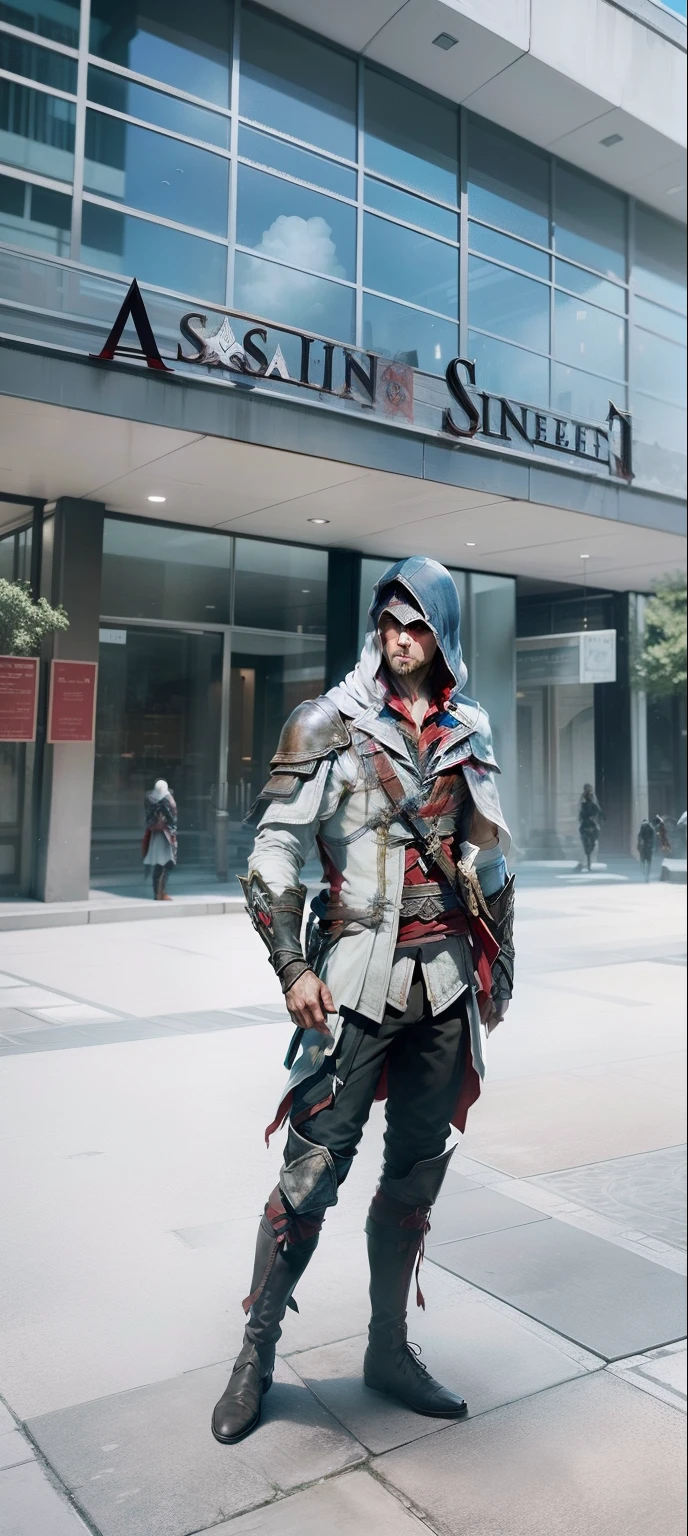 An award winning master piece photo of a riped lean man, assassins creed clothes(Eizo), detailed cape, shoulders uncovered, big shoulders, standing in a roof at night in the rain, moon on the sky ,neon-colored buildings, 8k, (high quality:1.1), (cinematic feeling:1.1), dark deep shadows, incredibly intricate detailing, art , (up close:1.1), from above, looking at viewer, (light sparkles:1.1), (chromatic aberration,:1.2)