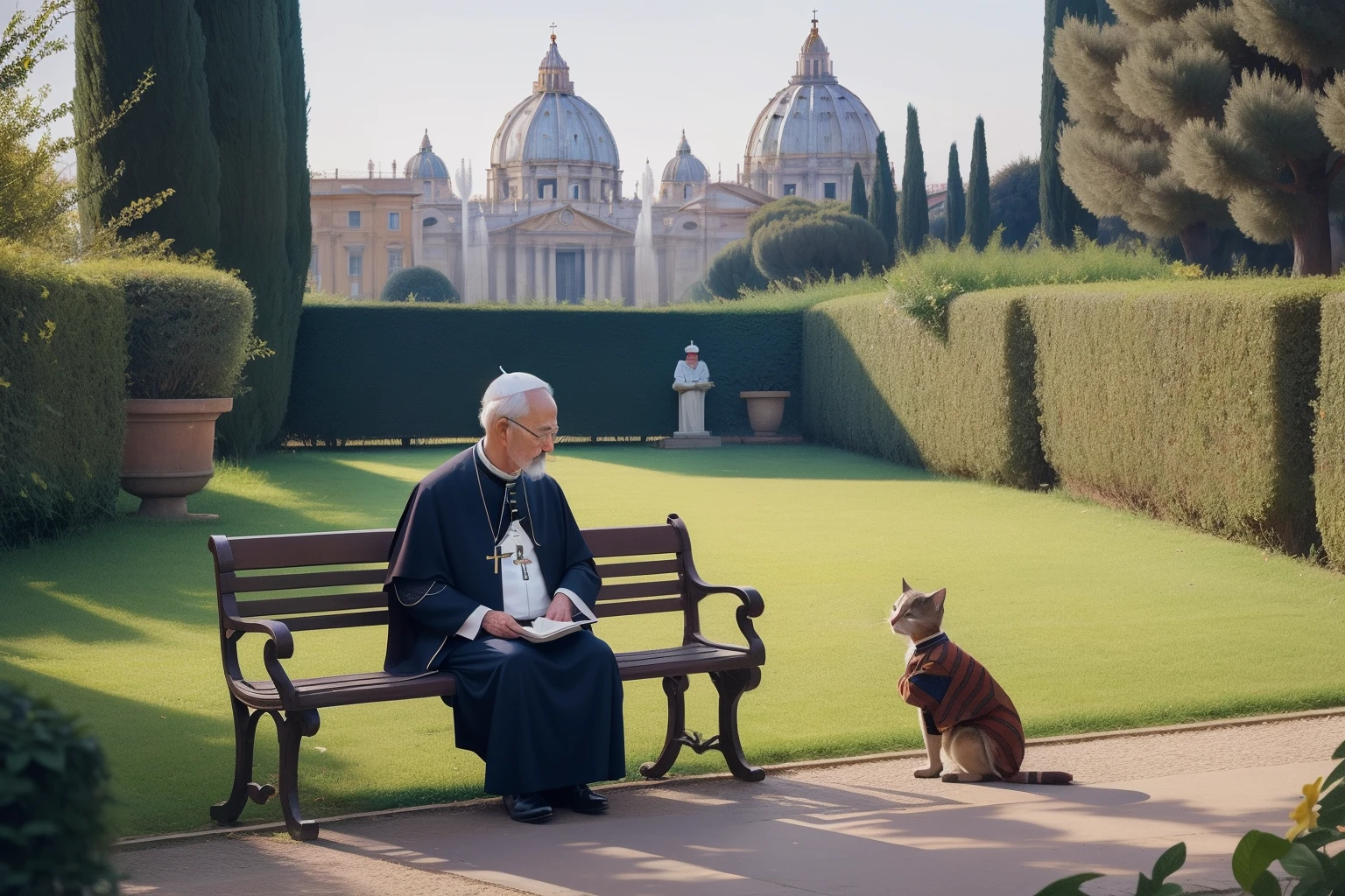 Year: 2022
Country: Vatican City
Description: Amidst the Vatican Gardens, an elderly priest sits on a bench, sharing a tranquil moment with a well-dressed cat. The picturesque scene showcases a peaceful bond between man and nature in the heart of this spiritual enclave.