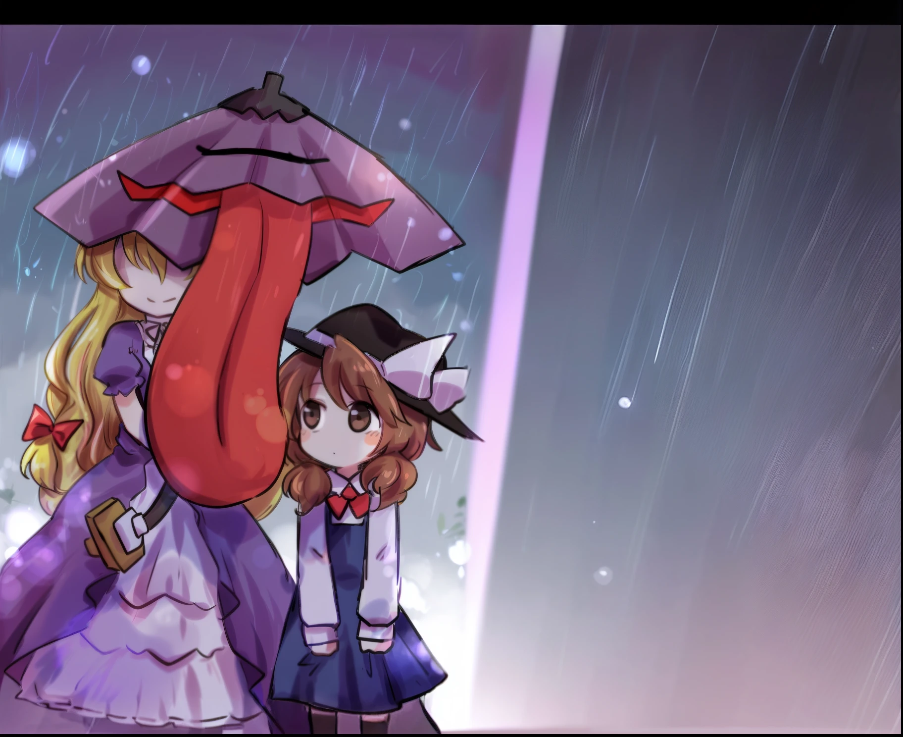 Anime girl with umbrella and hat standing next to another girl in dress, from touhou, touhou project, Touhou, touhou character, kirisame marisa from touhou, rained!, touhou project official artwork, rained!!, umineko, kirisame marisa, rained!!!, kawaii rainy gloomy, author:New Art, author:Master of Han Chinese, marisa kirisame