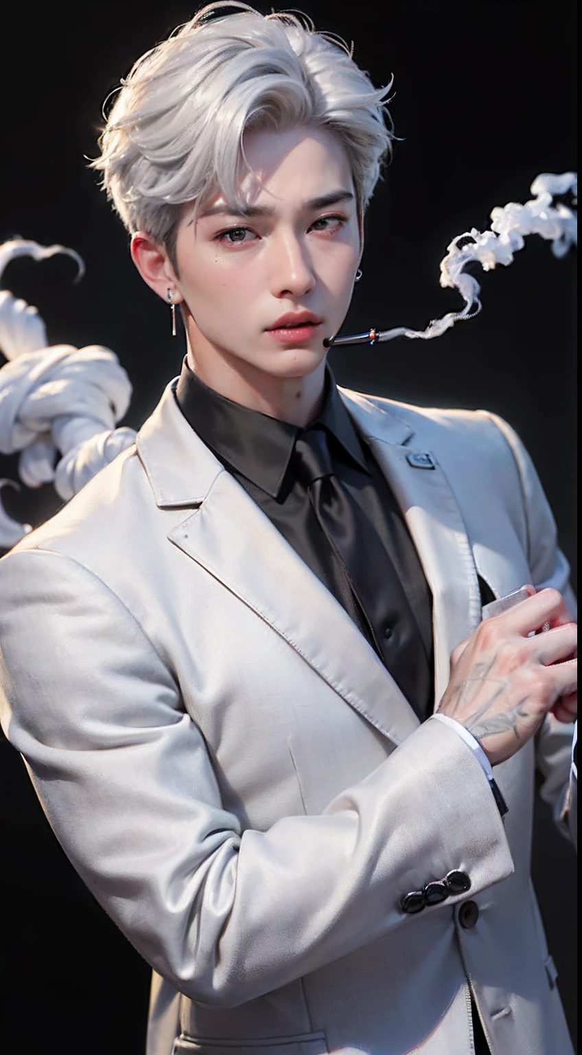 (8k photo, best quality, masterpiece:1.2),(realistic, photo-realistic:1.37) young ,handsome man, Mark Tuan, Got7, white skin, detail face, grey bright eye, white hair, black suit, bad boy, yakuza, tattoo, smoke cigarrate, a lots gangster night town in backdrop, action pose, skull earring, necklage,