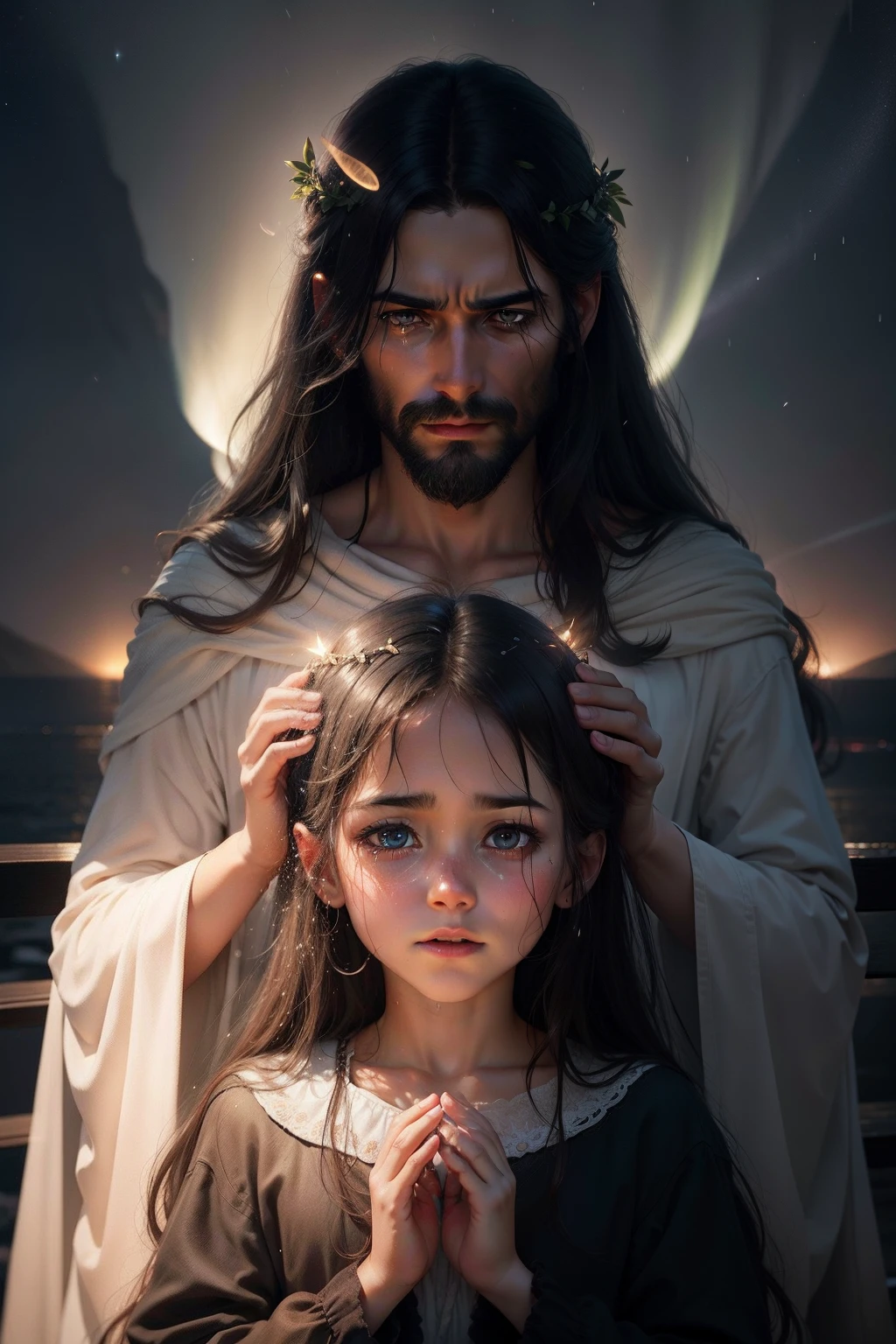 A realistic portrait of the male Jesus of Nazareth , With 8K resolution, llevando un manto sobre su cabeza. The rain falls gently on Him, tears welling up in her eyes filled with love for her children, divinidad, reflecting their love for their children and their devotion to their Father God. El fondo de auroras boreales, estrellas luminosas. photographic style, lente de retrato, --ar 16:9 --v 5, Spiritual Connection, bondad, amor, pureza, divinidad,