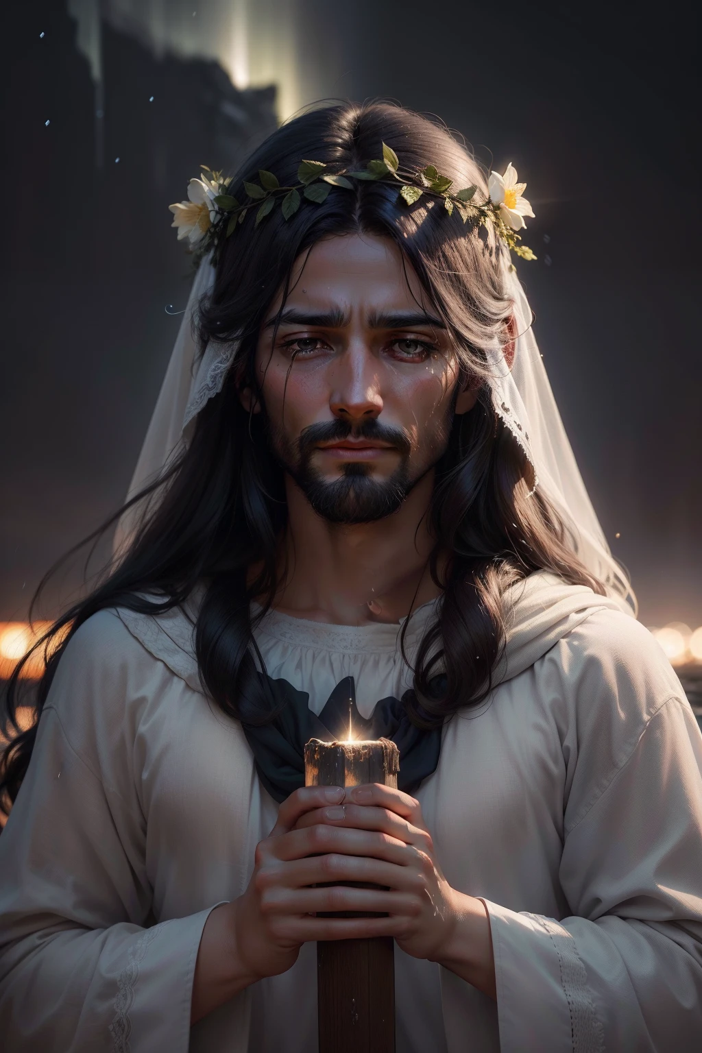 A realistic portrait in stunning 8k resolution of Jesus of Nazareth, con una corona de adviento en su cabeza. Rain falls gently around Him, and his tears flow from his eyes overflowing with love for his children and divinity., reflecting his immense love for humanity and his devotion to his Father God. El fondo se ilumina con auroras boreales y estrellas luminosas que llenan el cielo nocturno. photographic style, lente de retrato de alta calidad, --ar 16:9 --v 5, Conveying a deep spiritual connection, bondad, amor puro y divinidad.