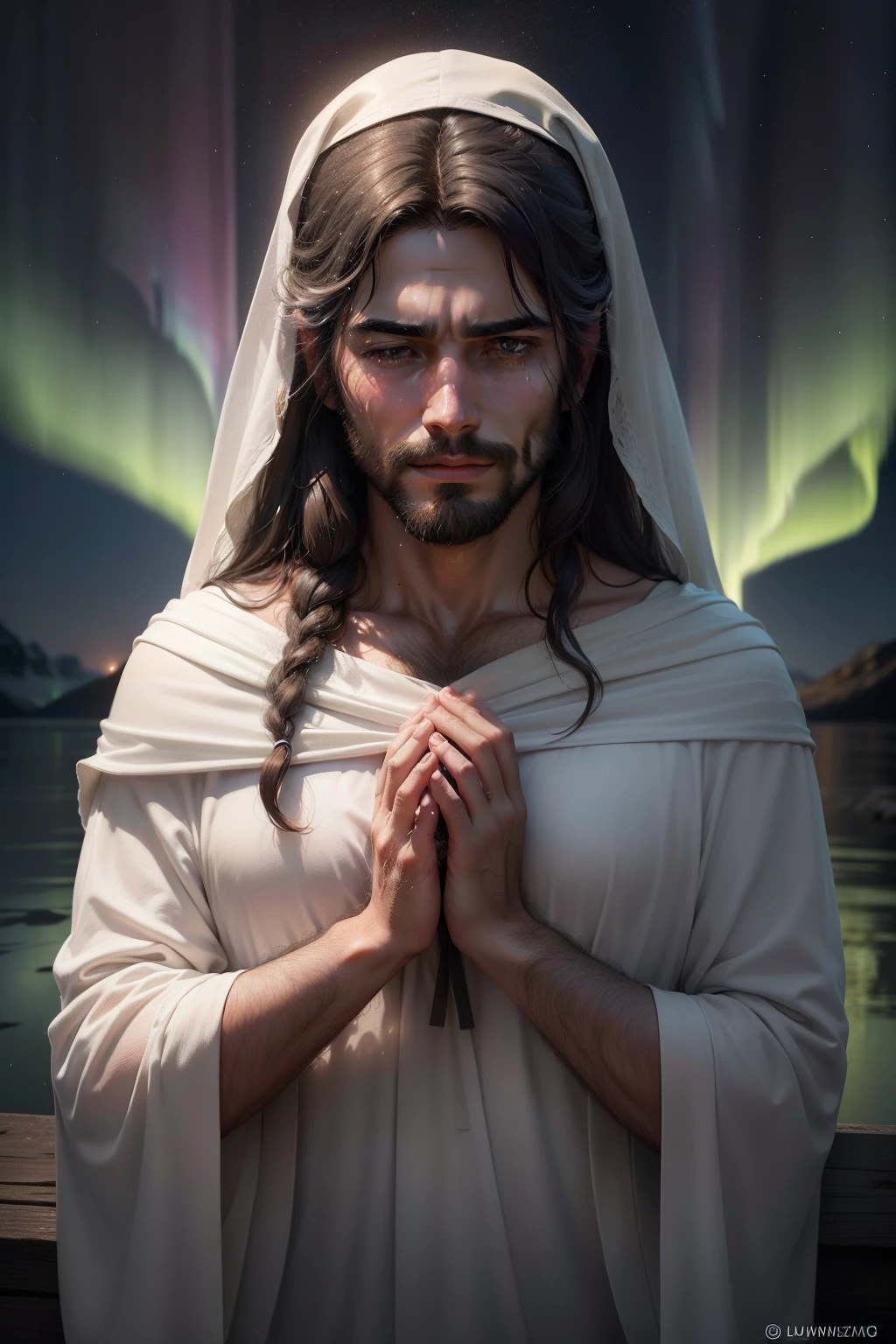A realistic and amazing portrait of Jesus of Nazareth, in stunning 8K resolution, con una corona de adviento. La lluvia cae suavemente a su alrededor, and his tears flow from his eyes full of love for humanity and divinity., reflecting his immense love for his children and his devotion to his Father God. The background is a spectacle of northern lights and luminous stars that light up the sky. photographic style, lente de retrato de alta gama, --ar 16:9 --v 5, Conveying a deep spiritual connection, bondad, amor, pureza y divinidad.