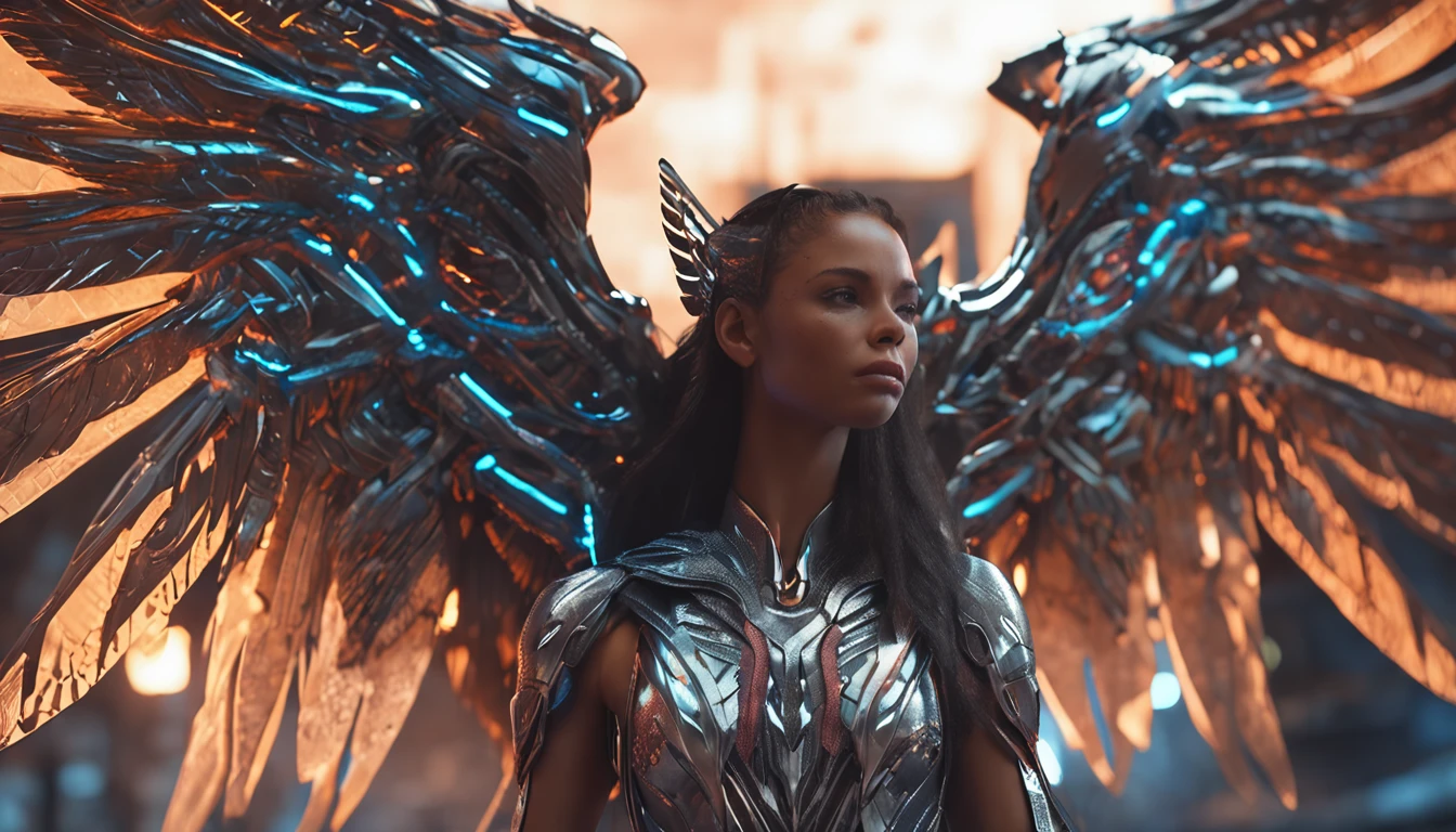 A closeup of a woman，There are wings on the back, undercity，Machinary，cyber punk perssonage，as a mystical valkyrie, Unreal Engine renders a Valkyrie, fantasy style 8 k octane render, 4 K detail fantasy, cinematic goddess shot, Unreal Engine fantasy art, beautiful cyborg angel girl, Fantasy art Behance, cinematic goddess close shot, fantasy gorgeous lighting, elegant cinematic fantasy art, cgsociety 8 k ，