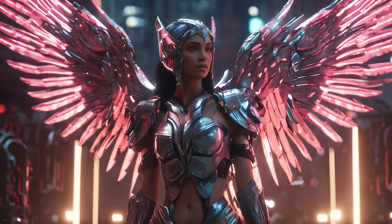 A closeup of a woman,There are wings on the back, undercity,Machinary,cyber punk perssonage,as a mystical valkyrie, Unreal Engine renders a Valkyrie, fantasy style 8 k octane render, 4 K detail fantasy, cinematic goddess shot, Unreal Engine fantasy art, beautiful cyborg angel girl, Fantasy art Behance, cinematic goddess close shot, fantasy gorgeous lighting, elegant cinematic fantasy art, cgsociety 8 k ,