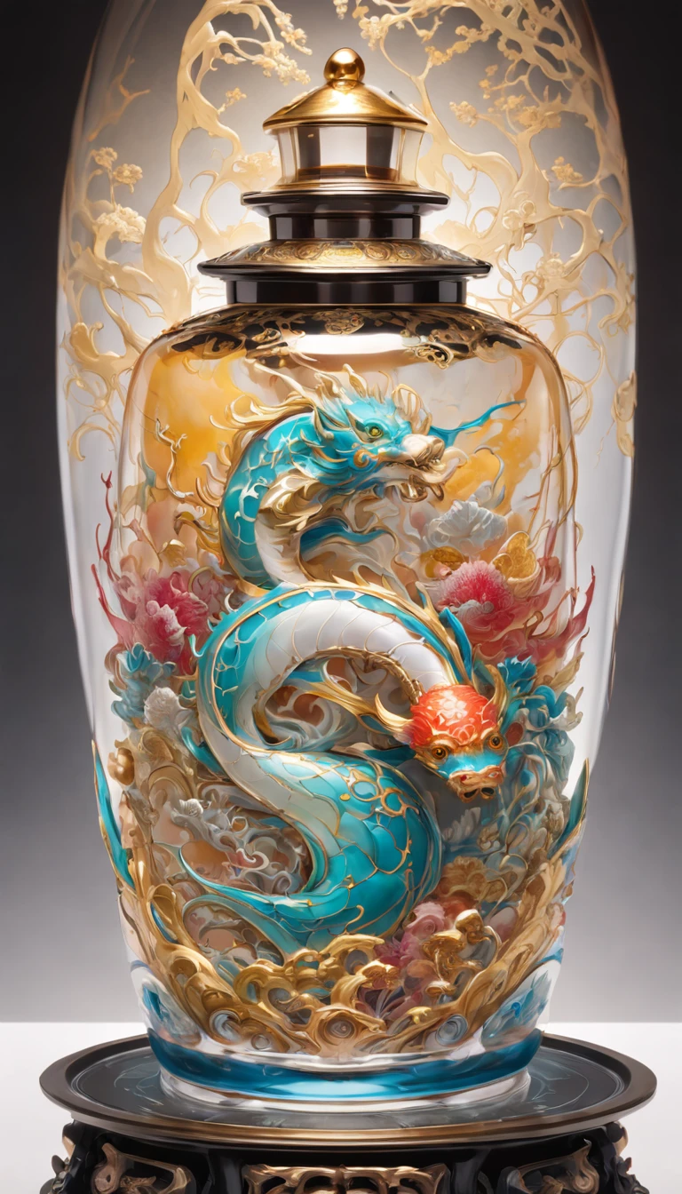 Front panoramic body view of color steampunk transparent landscape embroidery color ink pattern porcelain bottle,The style of Jingdezhen porcelain,The bottle is embossed and carved into colorful mechanical parts and the body is made of gold wire windings,Colorful glazes, Photography。Real light and shadow,refractions,Reflection,High light transmittance,lightand shade contrast, High contrast,Extremely dispersed,intricately details,8K rendering,Trend to ArtStation and pixiv. Epic picture, the wallpaper,Filmquality,Intricate and deep details,Strong sense of three-dimensionality. Created by Giger, Artgerm and Greg Rutkowski, Alphonse Mucha, CGSesociety.