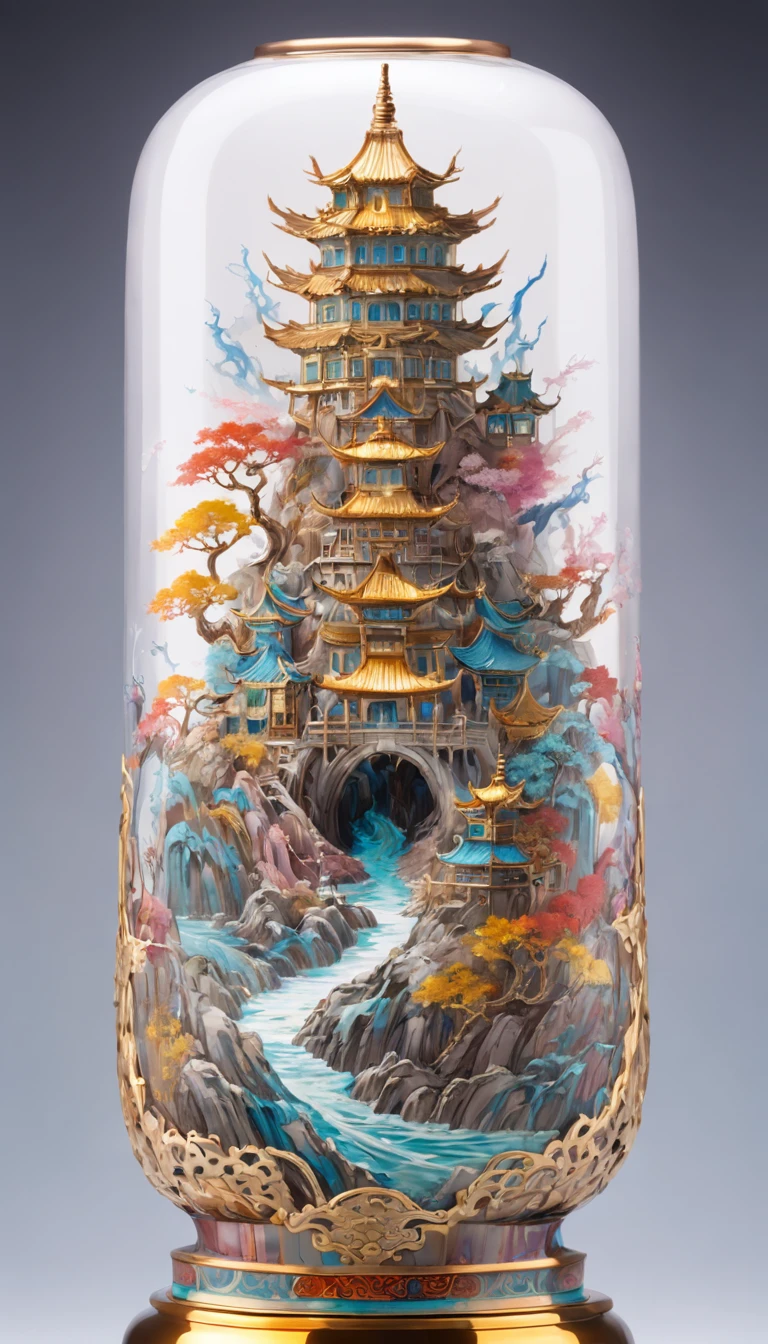 Front panoramic body view of color steampunk transparent landscape embroidery color ink pattern porcelain bottle,The style of Jingdezhen porcelain,The bottle is embossed and carved into colorful mechanical parts and the body is made of gold wire windings,Colorful glazes, Photography。Real light and shadow,refractions,Reflection,High light transmittance,lightand shade contrast, High contrast,Extremely dispersed,intricately details,8K rendering,Trend to ArtStation and pixiv. Epic picture, the wallpaper,Filmquality,Intricate and deep details,Strong sense of three-dimensionality. Created by Giger, Artgerm and Greg Rutkowski, Alphonse Mucha, CGSesociety.