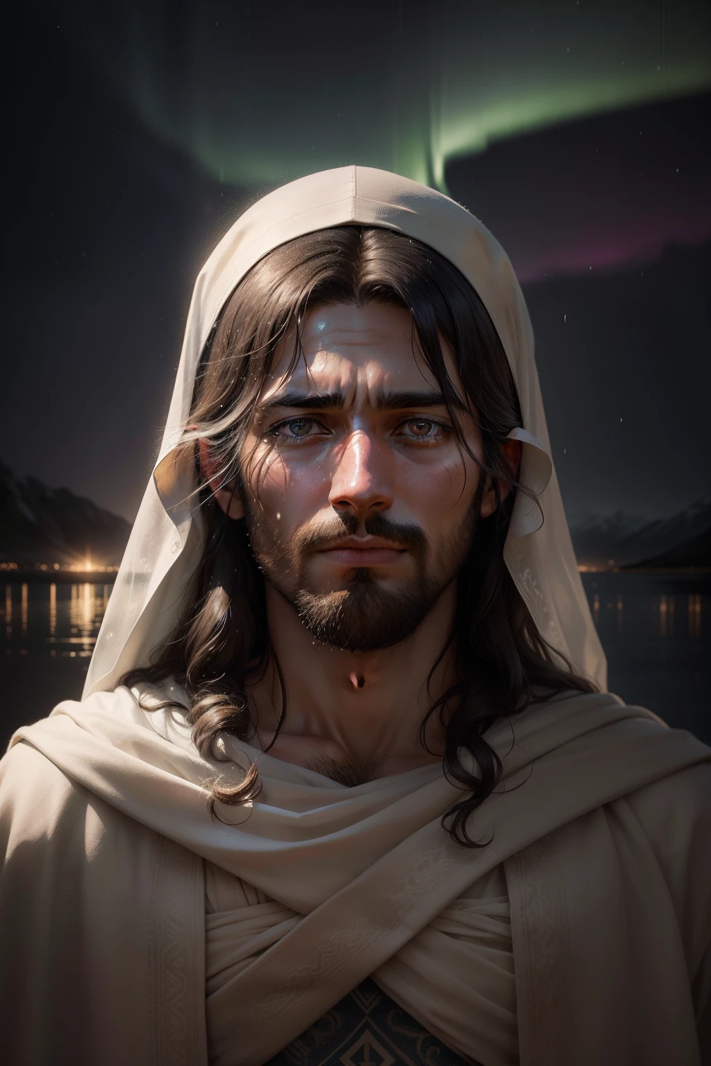 A hyper-realistic portrait of Jesus of Nazareth in stunning 8k resolution, man, con un manto que cubre su cabeza. Rain falls gently around Him, as tears welling up in her eyes, colmados de amor por sus hijos y divinidad, reflecting his immense love for humanity and his devotion to his Father God. The background is adorned with the dancing lights of the Northern Lights and luminous stars.. photographic style, lente de retrato de alta calidad, --ar 16:9 --v 5, Conveys a deep spiritual connection, bondad, amor puro y divinidad.