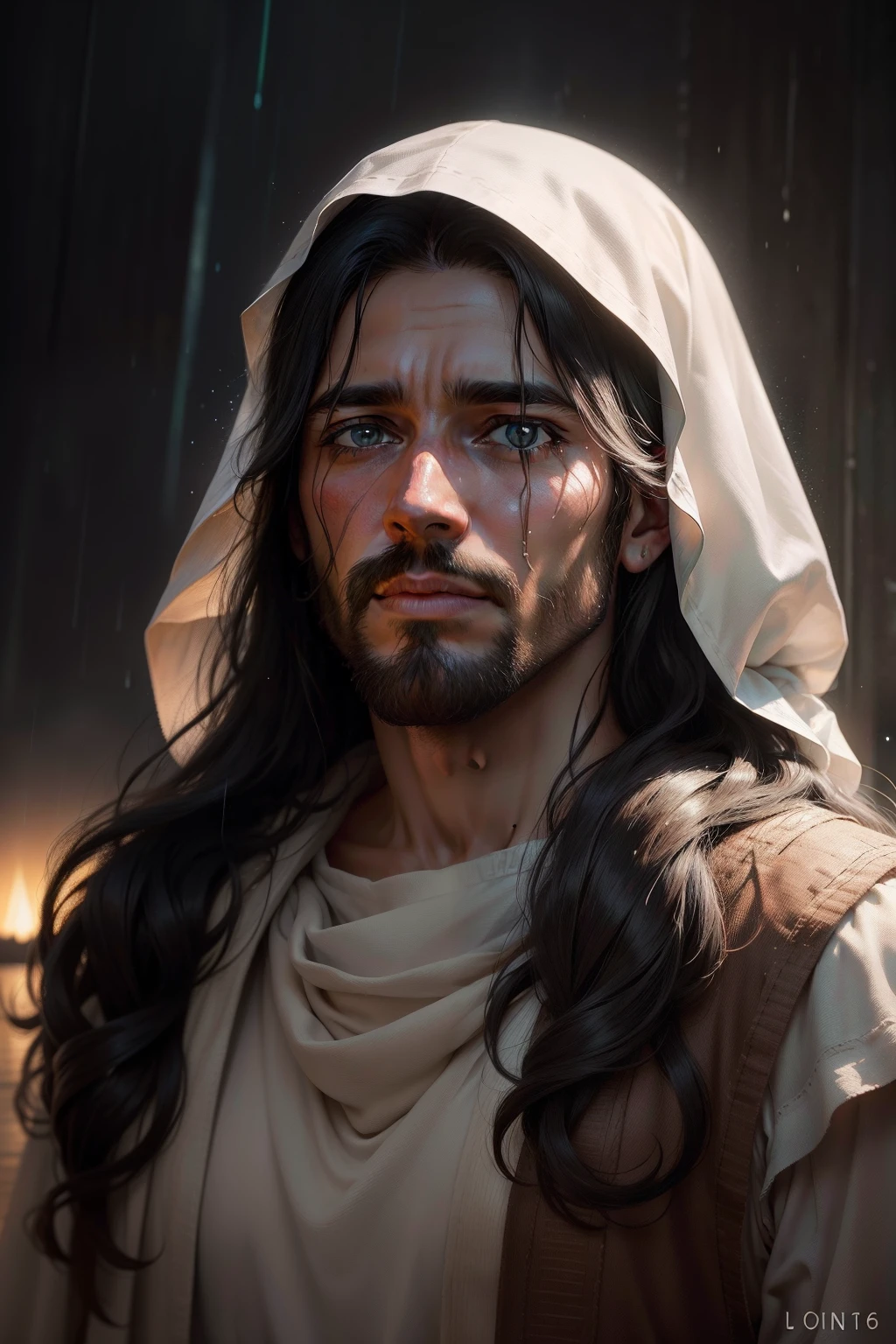 A hyper-realistic portrait of Jesus of Nazareth in stunning 8k resolution, man, con un manto que cubre su cabeza. Rain falls gently around Him, as tears welling up in her eyes, colmados de amor por sus hijos y divinidad, reflecting his immense love for humanity and his devotion to his Father God. The background is adorned with the dancing lights of the Northern Lights and luminous stars.. photographic style, lente de retrato de alta calidad, --ar 16:9 --v 5, Conveys a deep spiritual connection, bondad, amor puro y divinidad.