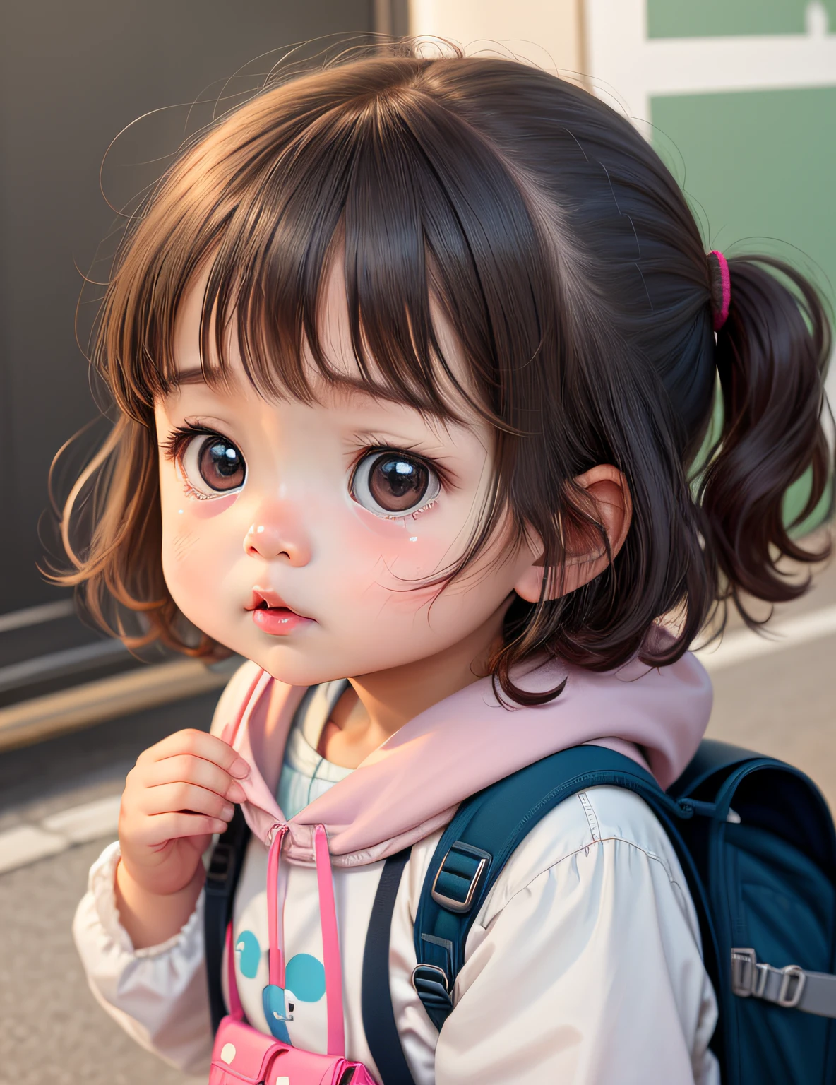 Cute girl with round face,saddened,CRIT,teardrop,bookbag,nursery school