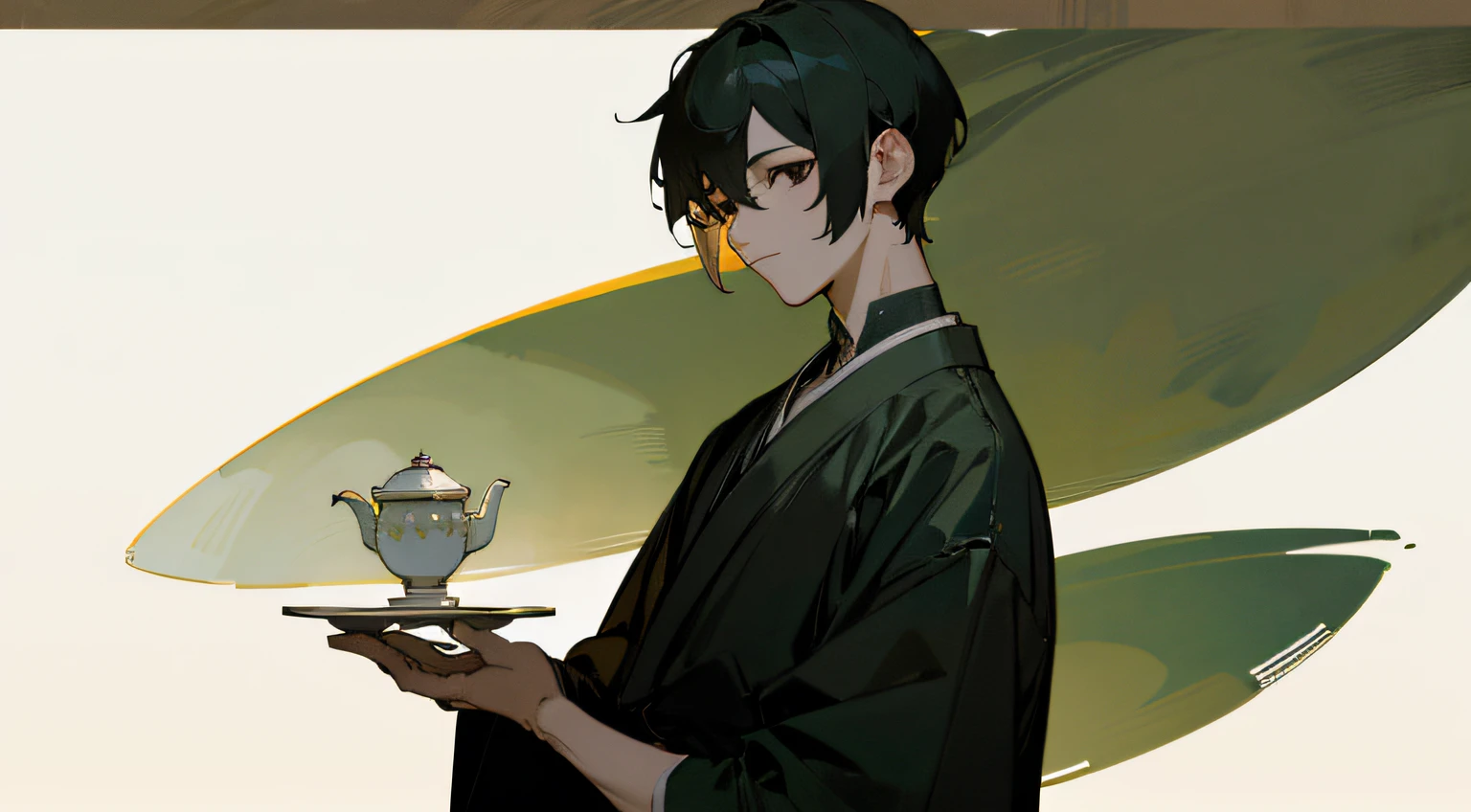 Handsome boy、Side Body、Short hair with black differential cap、Black eyes、Gentle eyes、Without a smile、Take a teacup and enjoy tea、ancient-style clothing、Tea elements、In the tea plantation、Green、A high resolution, ultrasharp, 8K,Masterpiece