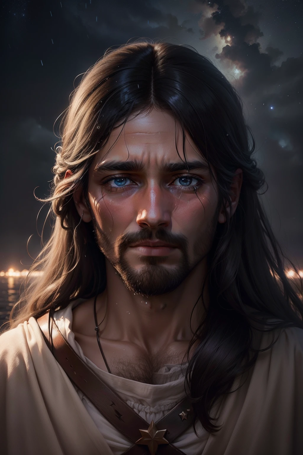 A realistic portrait of Jesus of Nazareth, With 4K resolution, llevando un manto sobre su cabeza. The rain falls gently on Him, tears flow from his eyes full of love and divinity, reflecting their love for their children and their devotion to their Father God. El fondo es celestial, lleno de nubes y estrellas luminosas. photographic style, lente de retrato, --ar 16:9 --v 5