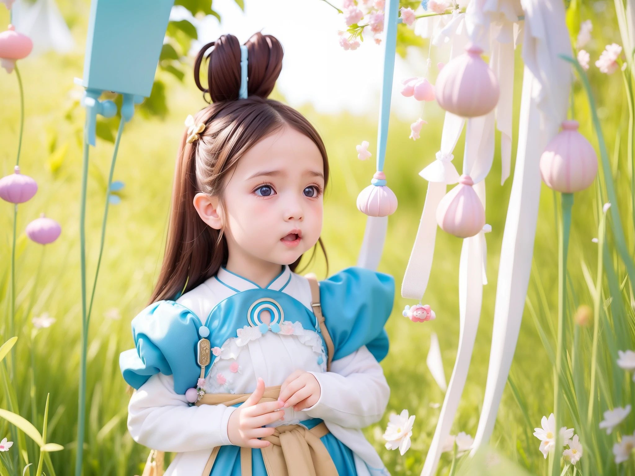 Best quality, tmasterpiece, brunette color hair, blueneyes, head looking up, adolable，child，Ancient wind，largeeyes，Very cute and childlike, Cute cute,A girl in Hanfu, Cute and lovely, cute colorful adorable, beautiful lovely, Whimsical and cute, Beautiful and cute, adorable and whimsical, Adorable and lovely, single eyelids