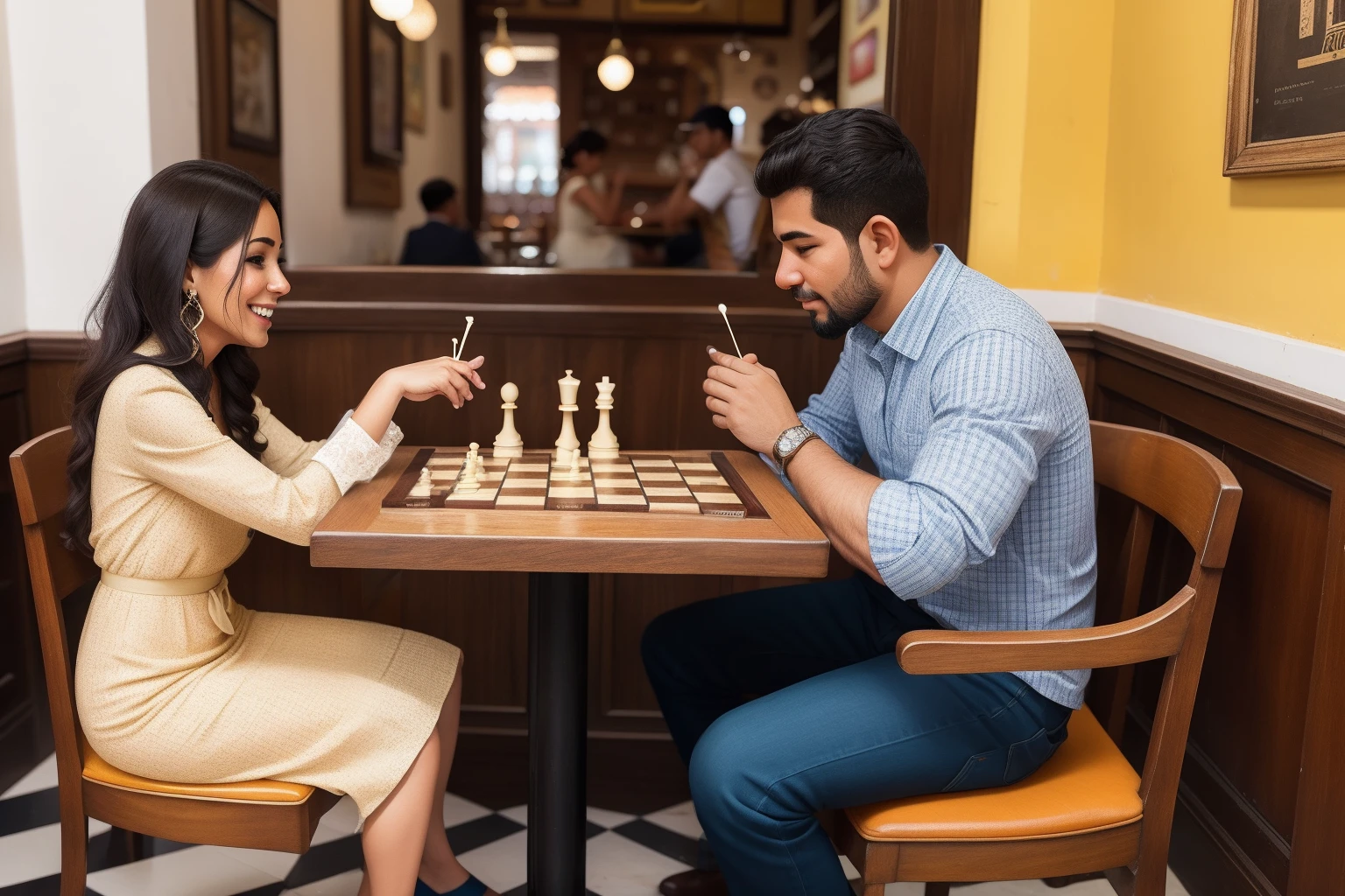 Year: 2022
Country: Venezuela
Description: At a charming café in a bustling Venezuelan town, a well-dressed couple in their 40s enjoys a game of chess on an ornate board. The board's pieces are uniquely designed, and their expressions are focused yet playful. The café's décor is a delightful mix of vibrant colors and quirky details.