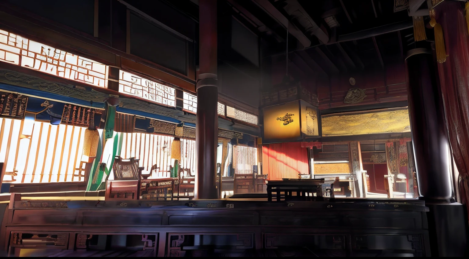 China Interior Antiquity Restaurant Inn Martial Arts Film Film Distinct Shadow Lighting Eight Immortals Table Bench Shaanxi Style Screen Chinese Wooden Pillar Wooden Railing Wine Cabinet Counter Wooden Bar Tavern Hotel Tea House