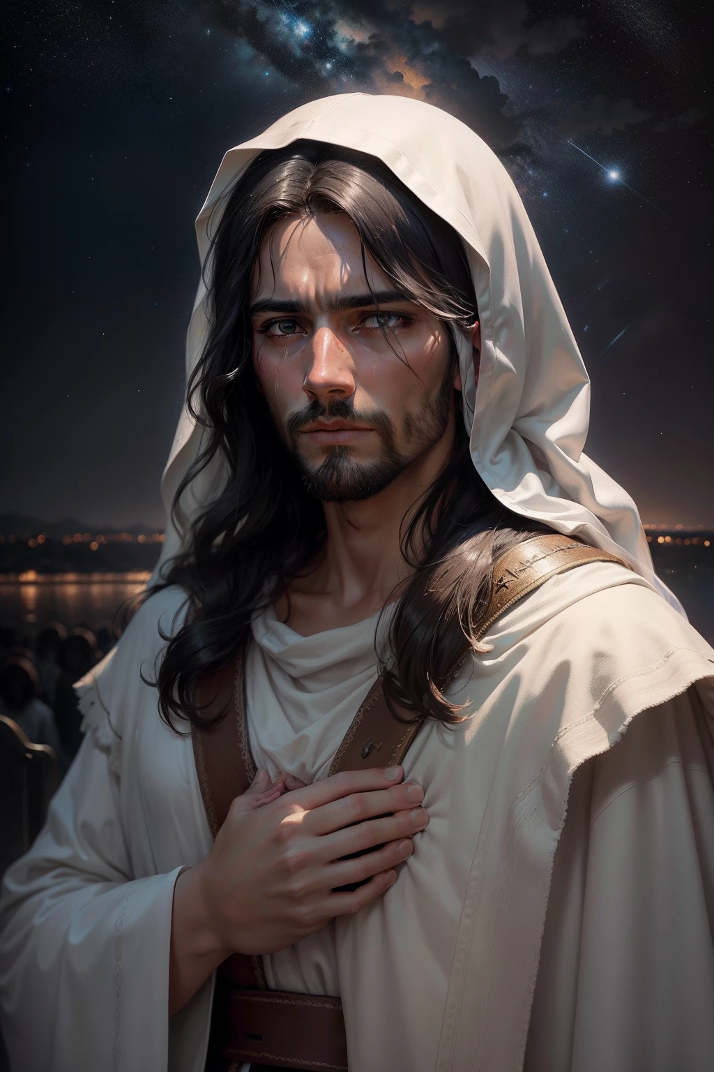 jesus of nazareth, en un retrato detallado y realista, con un manto sobre su cabeza, under an intense rain that contrasts with the tears that flow from his eyes in the first person, expressing love for their children and devotion to their father God, el fondo celestial se llena de nubes tormentosas y estrellas titilantes, Pintura, oil on canvas, --ar 16:9 --v 5