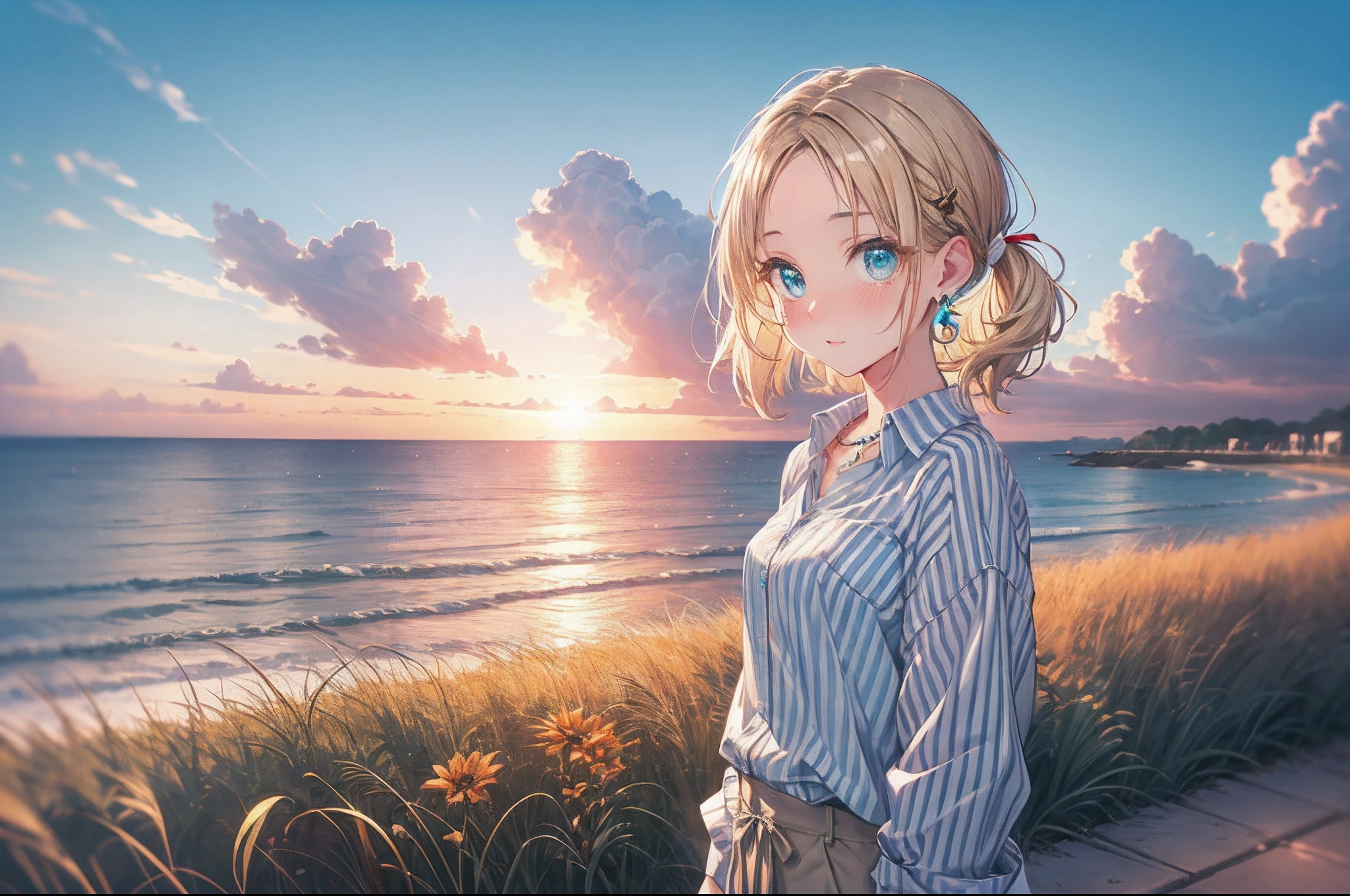 absurderes, ultra-detailliert,bright colour, extremely beautiful detailed anime face and eyes, view straight on, ;D, shiny_skin,25 years old, Short hair, (Forehead:1.3), Blonde hair with short twin tails, Shiny hair, Delicate beautiful face, red blush、(cyan eyes:1.2), White skin, hair clips, earrings, a necklace, (white horizontal striped shirt:1.4), (Surprised:1.4),Beautiful cloud, Dusk sky,Full body