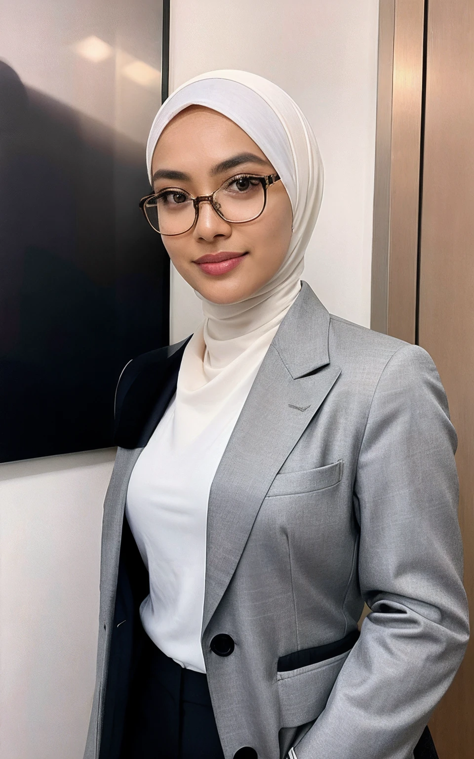 photorealistic, best quality, hyper detailed, beautiful woman asian age 22 name nurul, selfie photo, upper body, solo, wearing tudung muslim,hijab,nerd eyewear,expensive blazer coat, indoors, (evening), office wall street(cheerful, happy,confident,rich,calm), looking at viewer, skin texture, film grain, close up, ultra high res, best shadow, instagram Nurul