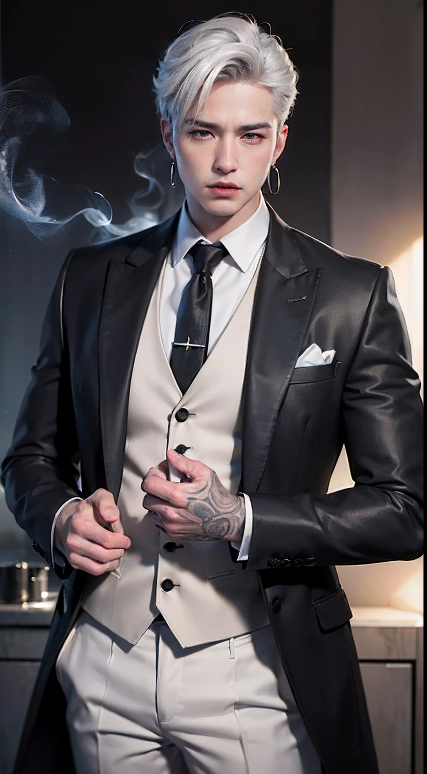 (8k photo, best quality, masterpiece:1.2),(realistic, photo-realistic:1.37) young ,handsome man, Mark Tuan, Got7, white skin, detail face, grey bright eye, white hair, black suit, bad boy, yakuza, tattoo, smoke cigarrate, a lots gangster night town in backdrop, action pose, skull earring, necklage,