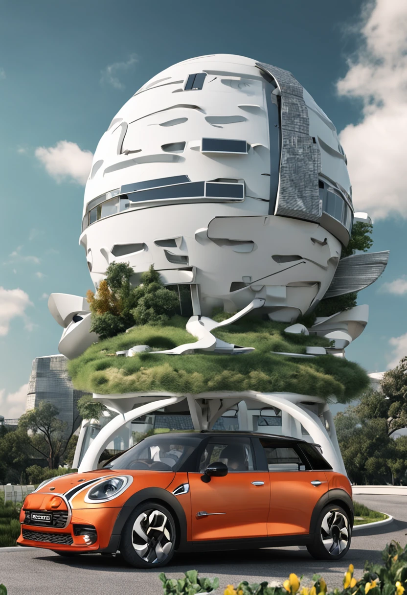 One all over the mini-building,Large logo like S,On gray city roads,There are little white cars,wind generator,Car charging pile,solar panel。It symbolizes green city power generation,Zero-carbon living,And displayed on a white background