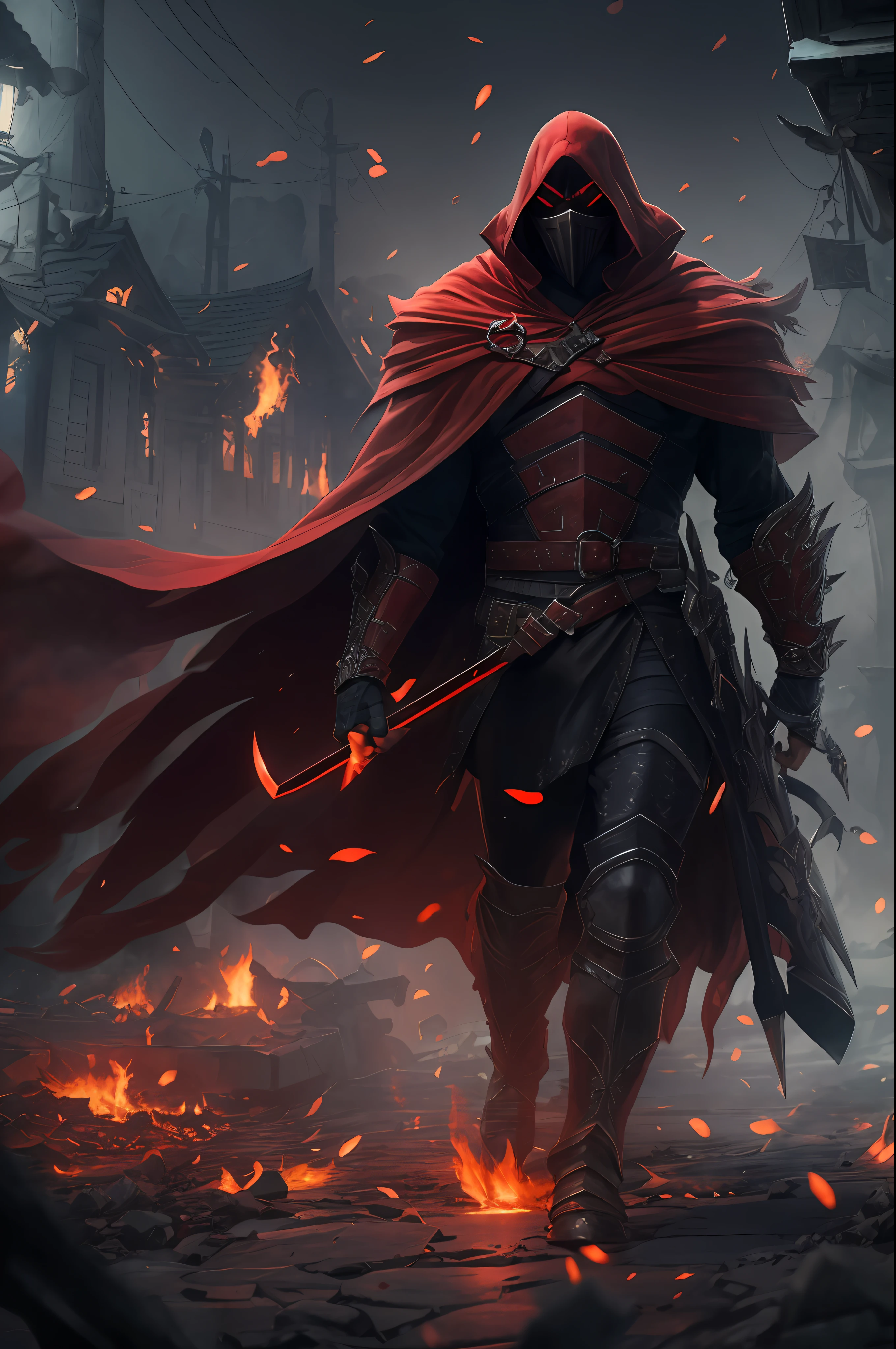 (ultra-detailed CG unity 8k wallpaper, masterpiece, best quality, depth of field, HDR, intricate), tall sinister dark killer wearing a metal mask with bright red eyes of dark and light armor with a discreet red cape behind with sharp daggers in his arms walking in a burning village, (intricate: 1.4) (masterpiece: 1.4) (illustration: 1.4), red studio lighting, post-processing, 8k resolution, dark background, imposing, meticulously composed photos, impressive, dark fantasy (by Greg Rutkowski: 1.2), (by daarken: 1.5)