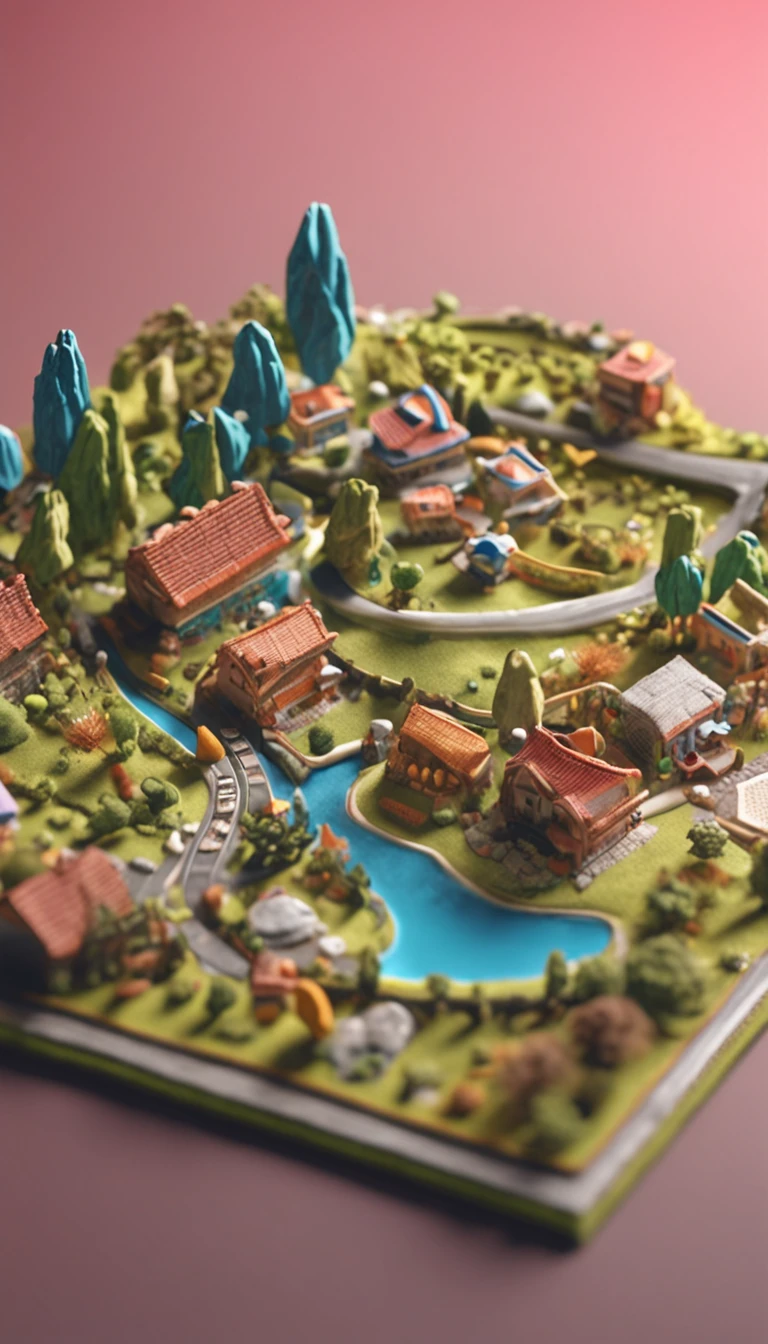 Miniature,Super cute clay world, Isometric view of the steppe ,cute clay freeze frame animation,City view, grassy fields,the trees ,bushi,Road,tiltshift, Excellent lighting, volume, landscape, 45 degrees from above,。.3D,Super detail