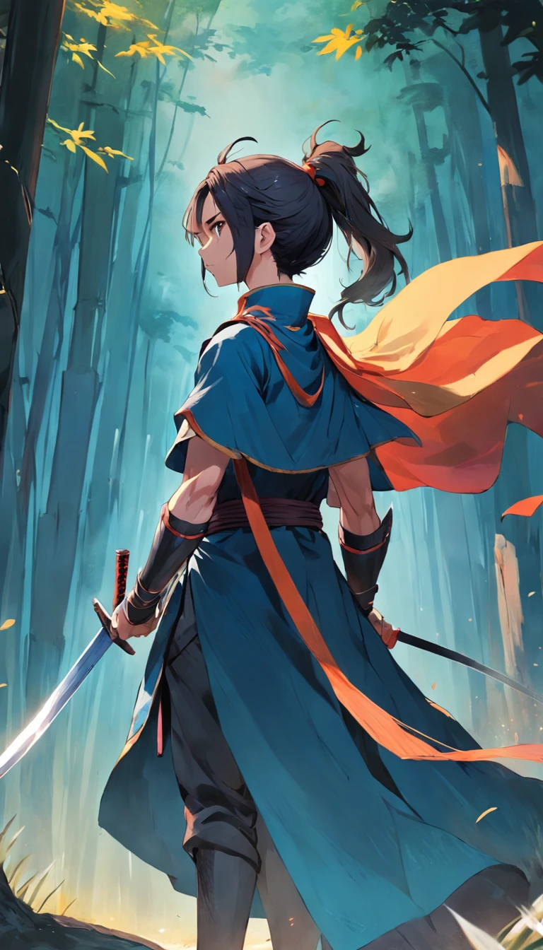 1 man,A warrior in his 20s,High ponytail,The hair is blown by the wind,With a cape on his head,Dressed in chivalrous customer service,Very handsome,His face was grim,Face away from the camera,Look back at the camera,Holding a precious sword,In the bamboo forest,Expose the whole body