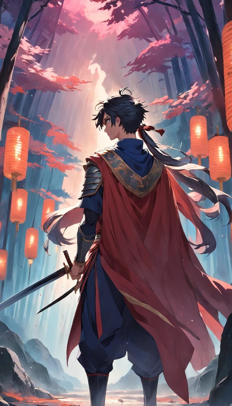 1 man，A warrior in his 20s，High ponytail，The hair is blown by the wind，With a cape on his head，Dressed in chivalrous customer service，Very handsome，His face was grim，Face away from the camera，Look back at the camera，Holding a precious sword，In the bamboo forest，Expose the whole body