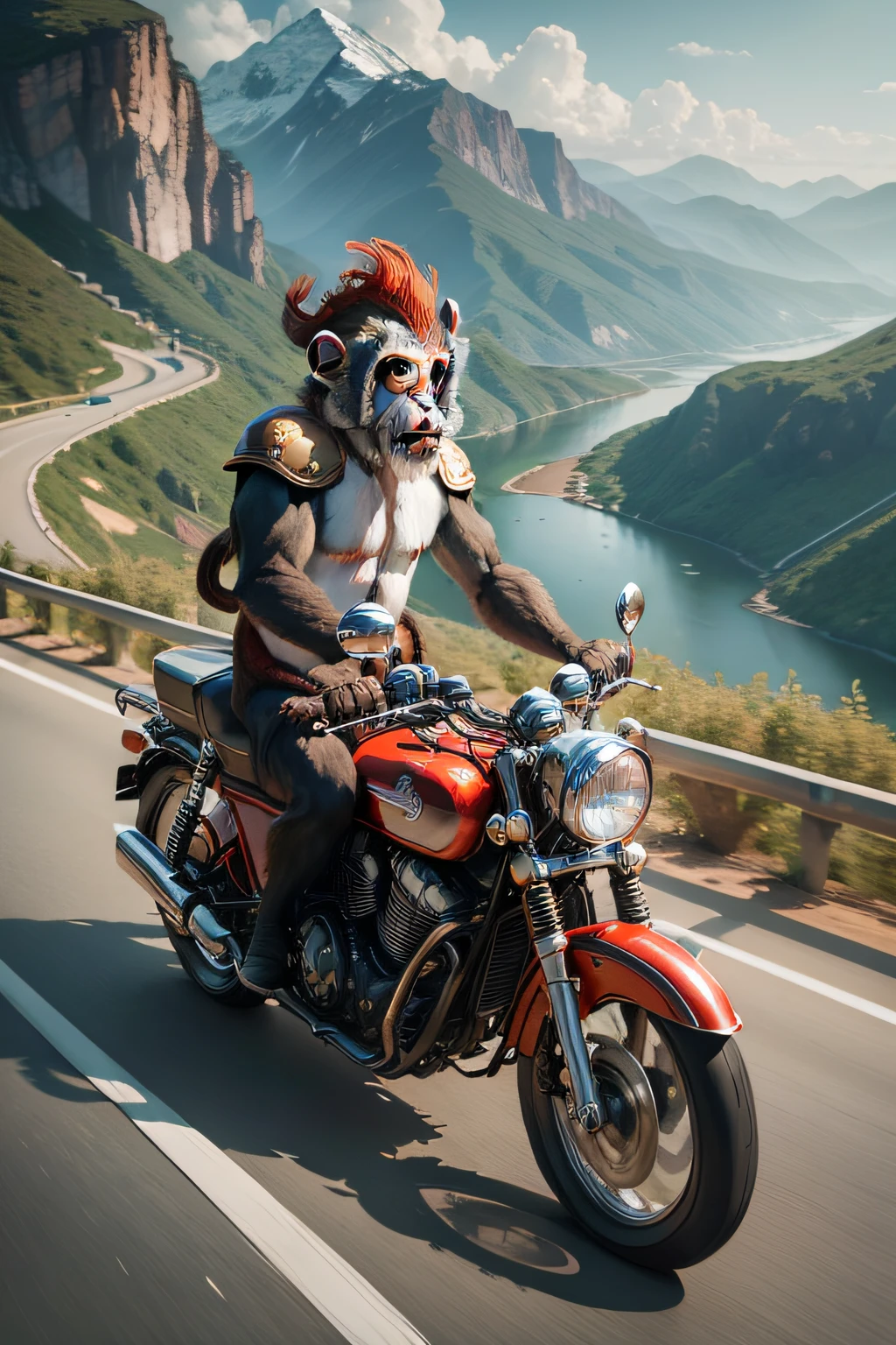 Classic image of Monkey King riding a battery car,Drive on mountain roads,Panorama close-up,photorealestic