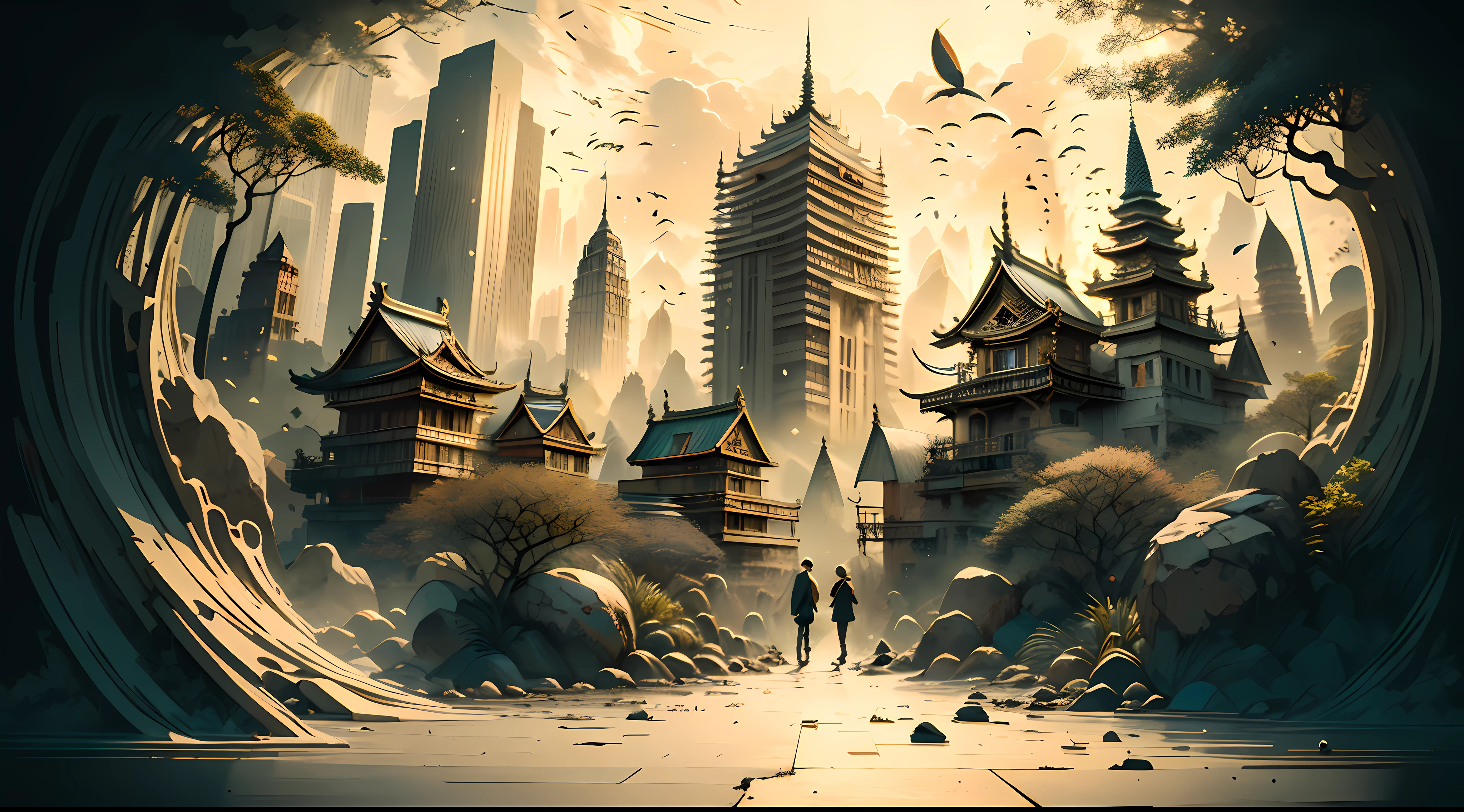 Absurd, high resolution, ultra-detailed, (1 girl:1.3), broken, design a beautiful temple scene, intricate architecture, lush gardens, and a sense of peace and spirituality. Broken, creating an image of a destructive demon with terrifying features, dark powers, and a thirst for chaos and destruction. Broken, designed with a fisheye effect image that captures a wide field of view with a unique curved viewing angle. Break to create rooftop views in urban environments with panoramic cityscapes, dramatic skylines, and a sense of elevation. Break , illustrating the tender moments between parents and children, capturing their bonds, love, and connection. Broken, using pointillism to illustrate images, carefully placed tiny dots of color to create a cohesive and visually stunning whole.