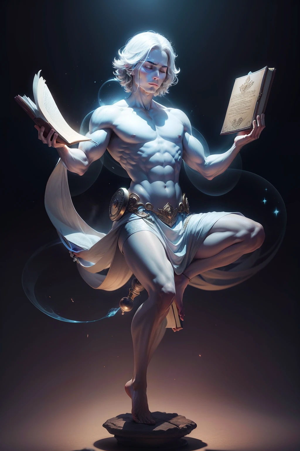 Meditating master man, holding one mysterious magical book, masterpieces, full body view, dynamic postures, 8K detail