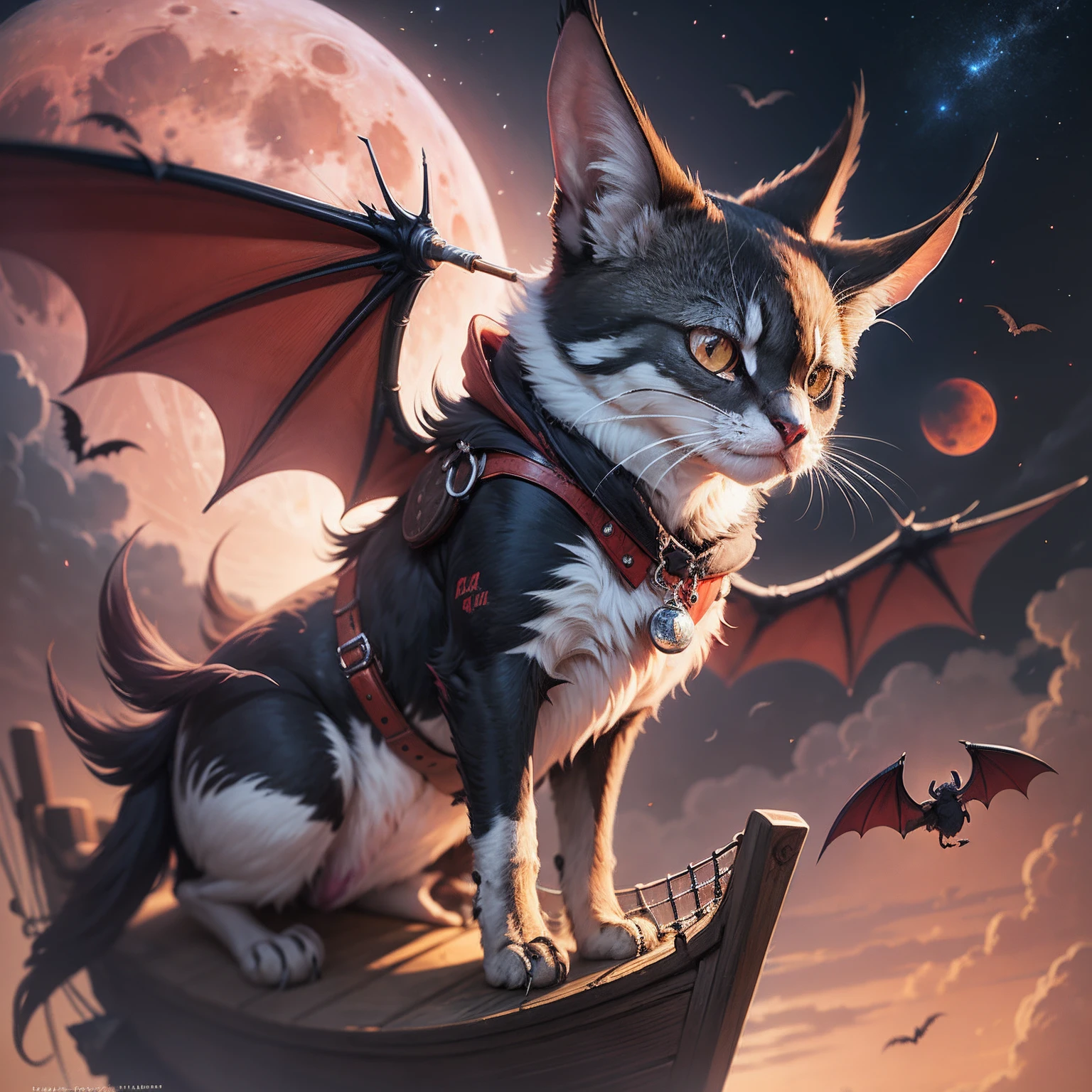 Sailboat with bats as wings in a blood moon lit night. --auto --s2