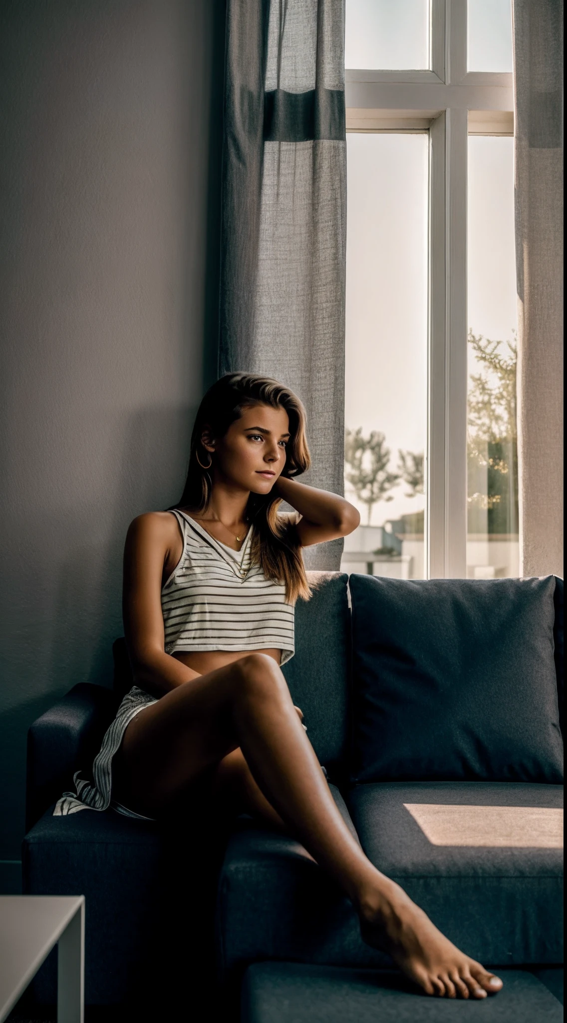 1girll,Sit on a comfortable sofa,Cross ed leg,Soft light, Realiy,Contre-Jour,the night,HighestQuali