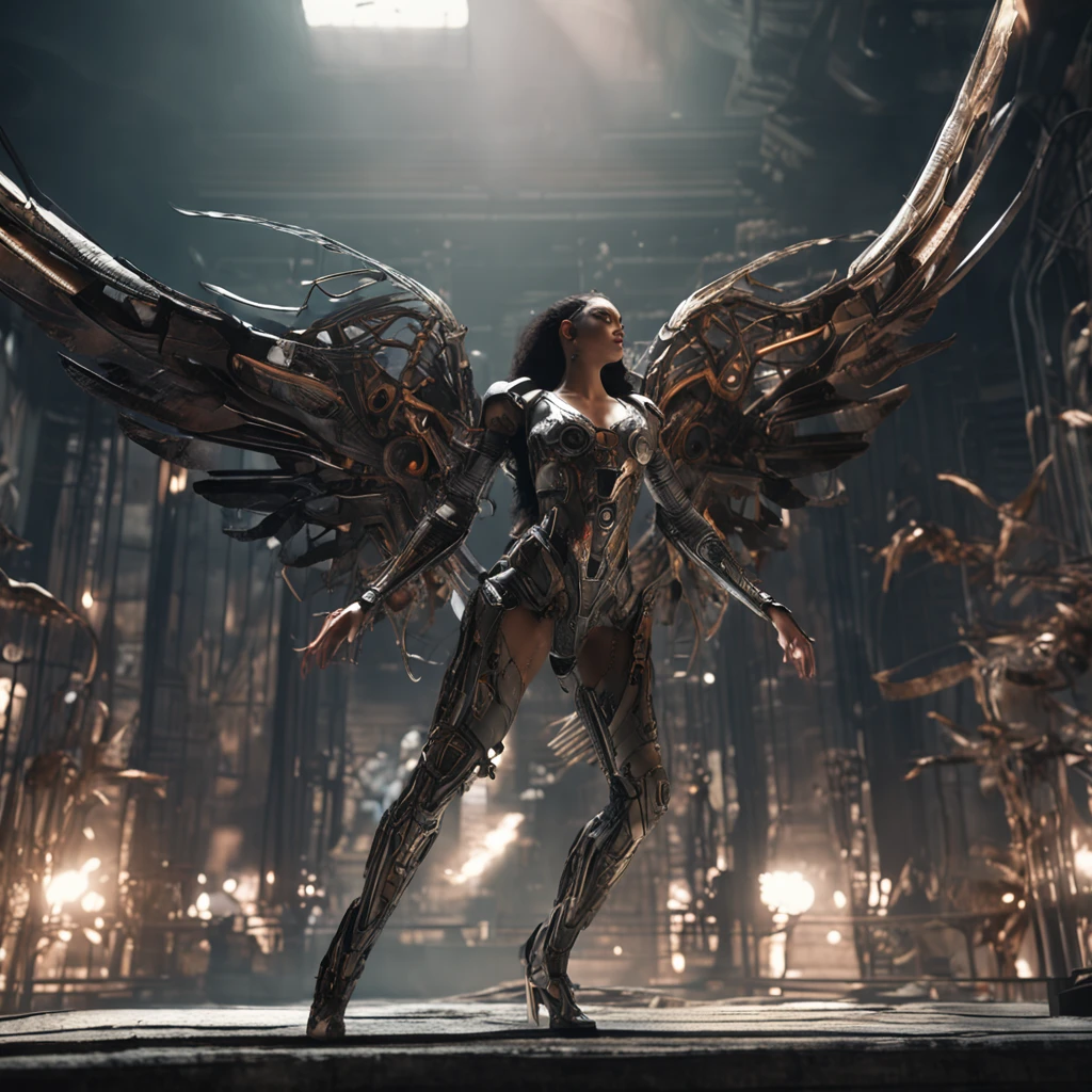 Best quality, Masterpiece, 超高分辨率, (photograph realistic:1.4), surrealism, Dream-like,fusionart, Shadowdancer, shadow magic, darkness control, A closeup of a woman,There are wings on the back, undercity,Machinary,cyber punk perssonage,as a mystical valkyrie, Unreal Engine renders Valkyries, fantasy style 8 k octane render, 4 K detail fantasy, cinematic goddess shot, Unreal Engine fantasy art, beautiful cyborg angel girl, Fantasy art Behance, cinematic goddess close shot, fantasy gorgeous lighting, elegant cinematic fantasy art, cgsociety 8 k ,