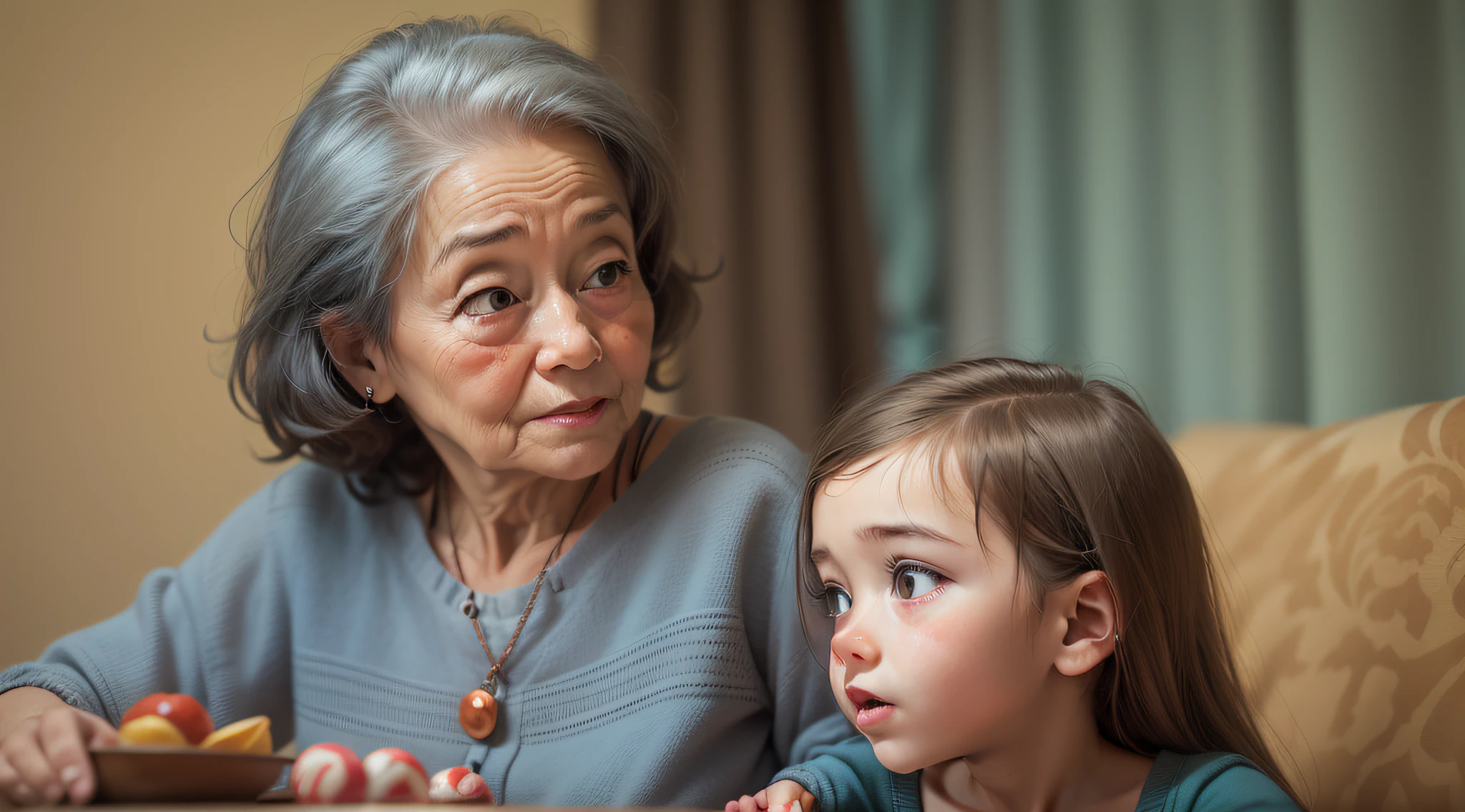 The little girl looks at the grandmother