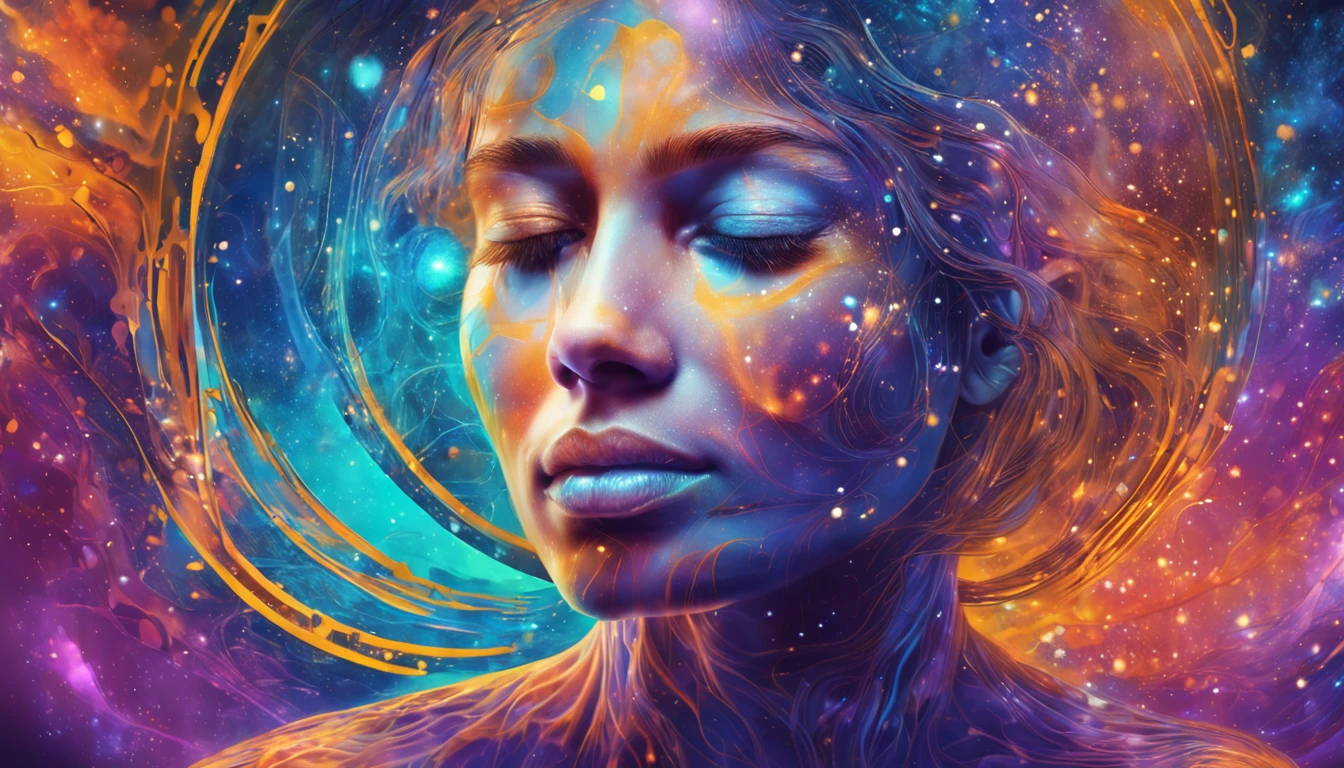 Human face in deep meditation, serenidade, aura brilhante e sutil, universo em AZUL e violeta, Stars and galaxies, macio, ethereal clouds, connectedness, roots in the earth, branches to the starry sky, tons amarelados, serenidade, cosmic harmony